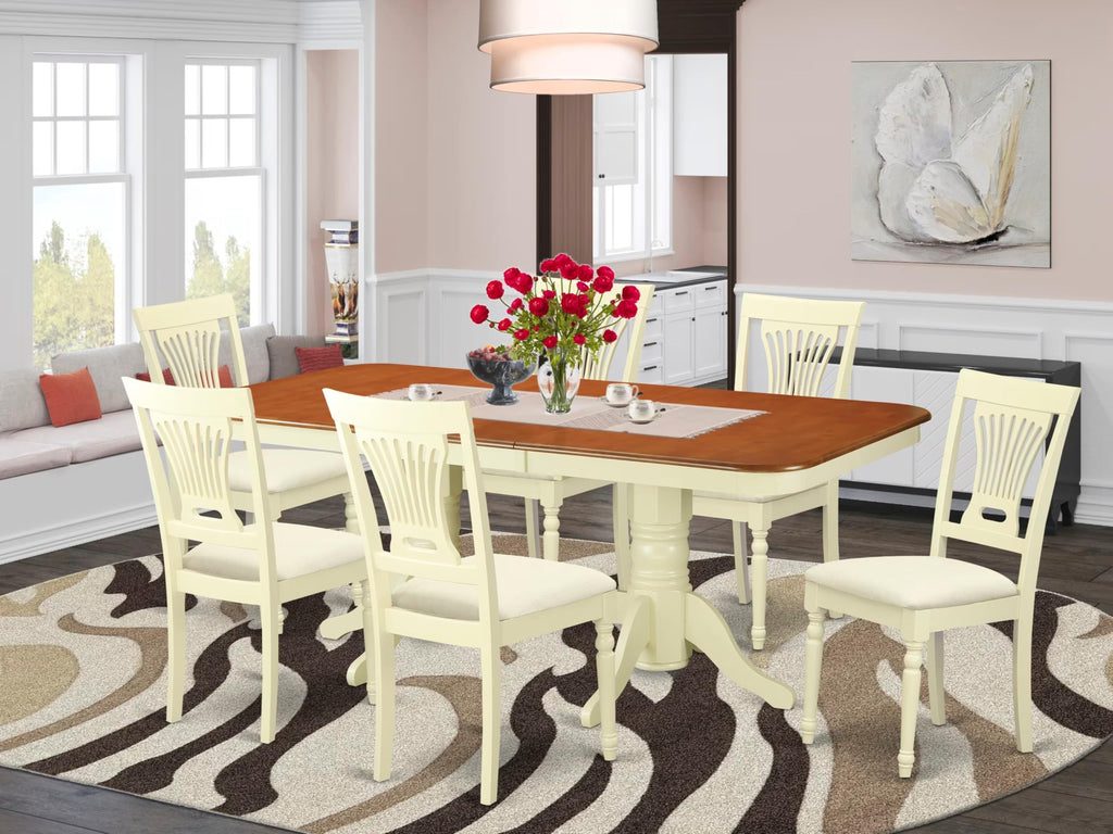 East West Furniture NAPL7-WHI-C 7 Piece Kitchen Table Set Consist of a Rectangle Dining Table with Butterfly Leaf and 6 Linen Fabric Upholstered Dining Chairs, 40x78 Inch, Buttermilk & Cherry