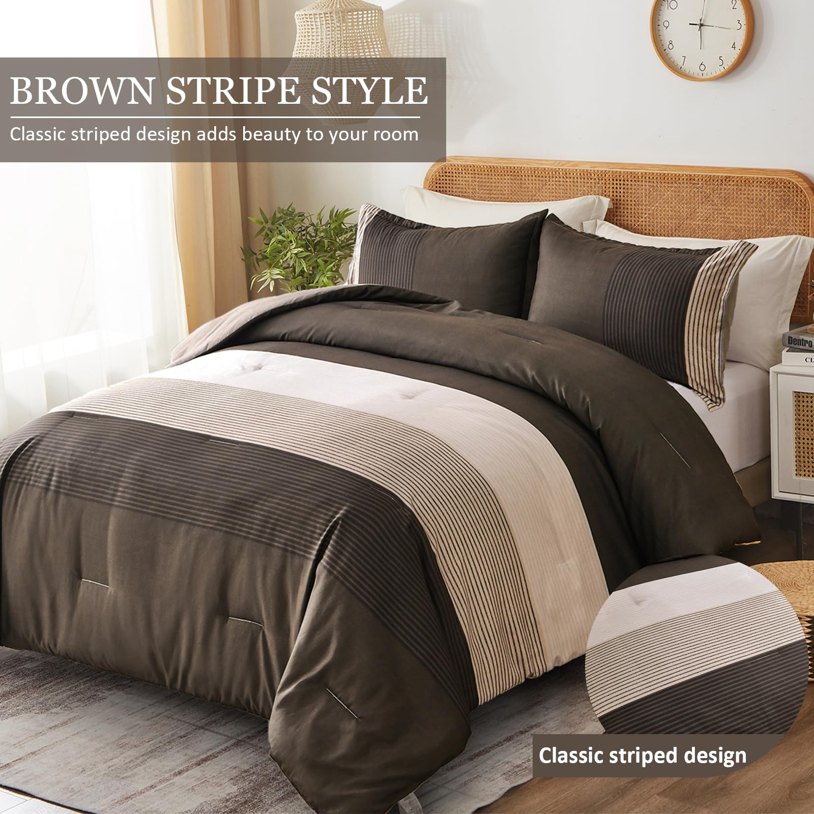Brown Comforter Set King, Reversible Brown Striped Down Alternative Comforter For King Bed,3 Pieces (1 Comforter+2 Pillowcases),