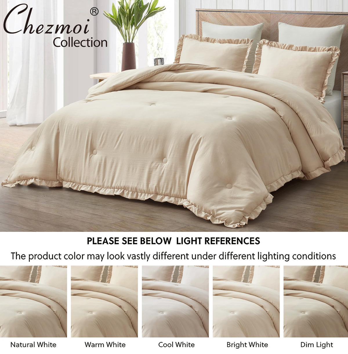 Chezmoi Collection Nora Light Sand Comforter Set King Size 3-Piece Fluffy Soft Lightweight Bedding Ruffled Edge Trim Stone-Washe