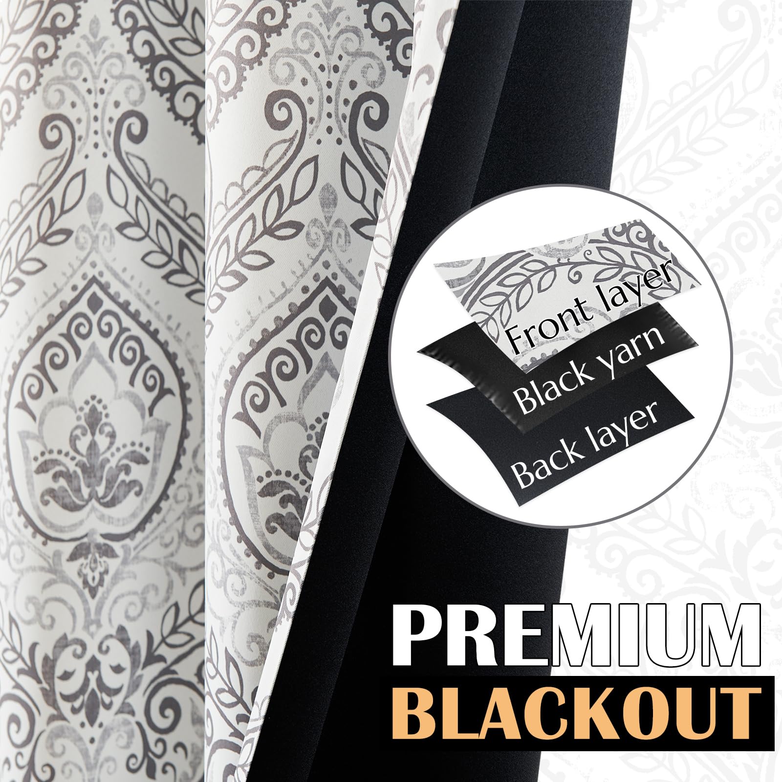 Jinchan 100% Blackout Curtains 90 Inch Length 2 Panels Grey Damask Medallion Window Curtains For Bedroom Grommet Thermal Insulated Drapes For Living Room Vintage Luxury Window Treatments Set