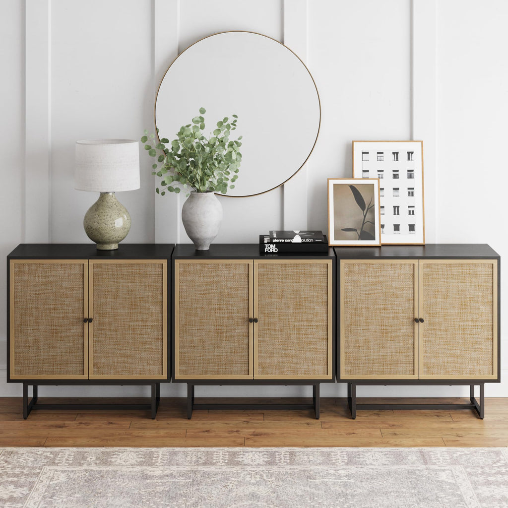 Nathan James Kova Rattan Wood Accent Sideboard Storage Cabinet Console Table With Metal Frame, Adjustable Shelves And Cane Doors, For Hallway, Entryway Or Living Room, Black Oak/Cane, Set Of 3