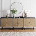 Nathan James Kova Rattan Wood Accent Sideboard Storage Cabinet Console Table With Metal Frame, Adjustable Shelves And Cane Doors, For Hallway, Entryway Or Living Room, Black Oak/Cane, Set Of 3