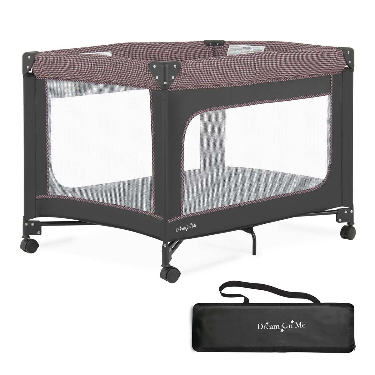 Dream On Me EZGo Portable Playard in Pink & Black, Compact Easy to Fold and Travel Baby Playard, Breathable Mesh Sides, Carry Ba