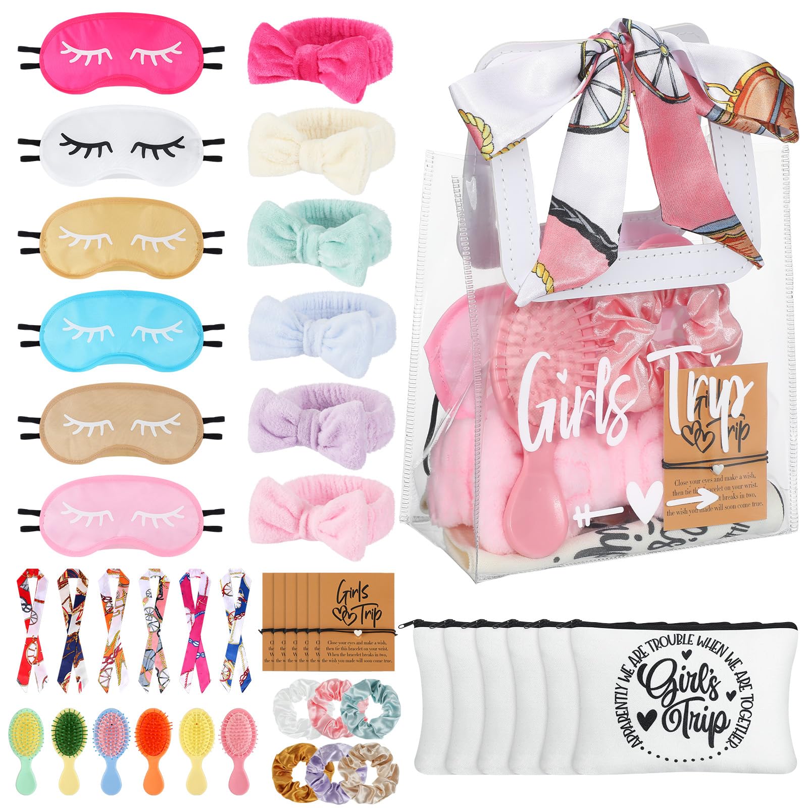 Suncalla 54 Pcs Girl Trip Gifts Favors 2026 Girls Weekend Gifts Set, Stuff Handbag Bracelet Eye Mask Travel Makeup Bags Hair Ban