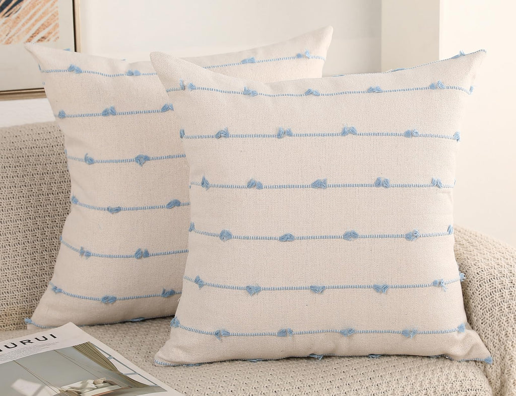 NUYECY Set of 2 Boho Throw Pillow Covers 30x30,Light Blue and White Neutral Couch Pillow Case with Tassel Fringe Decorative,Mode