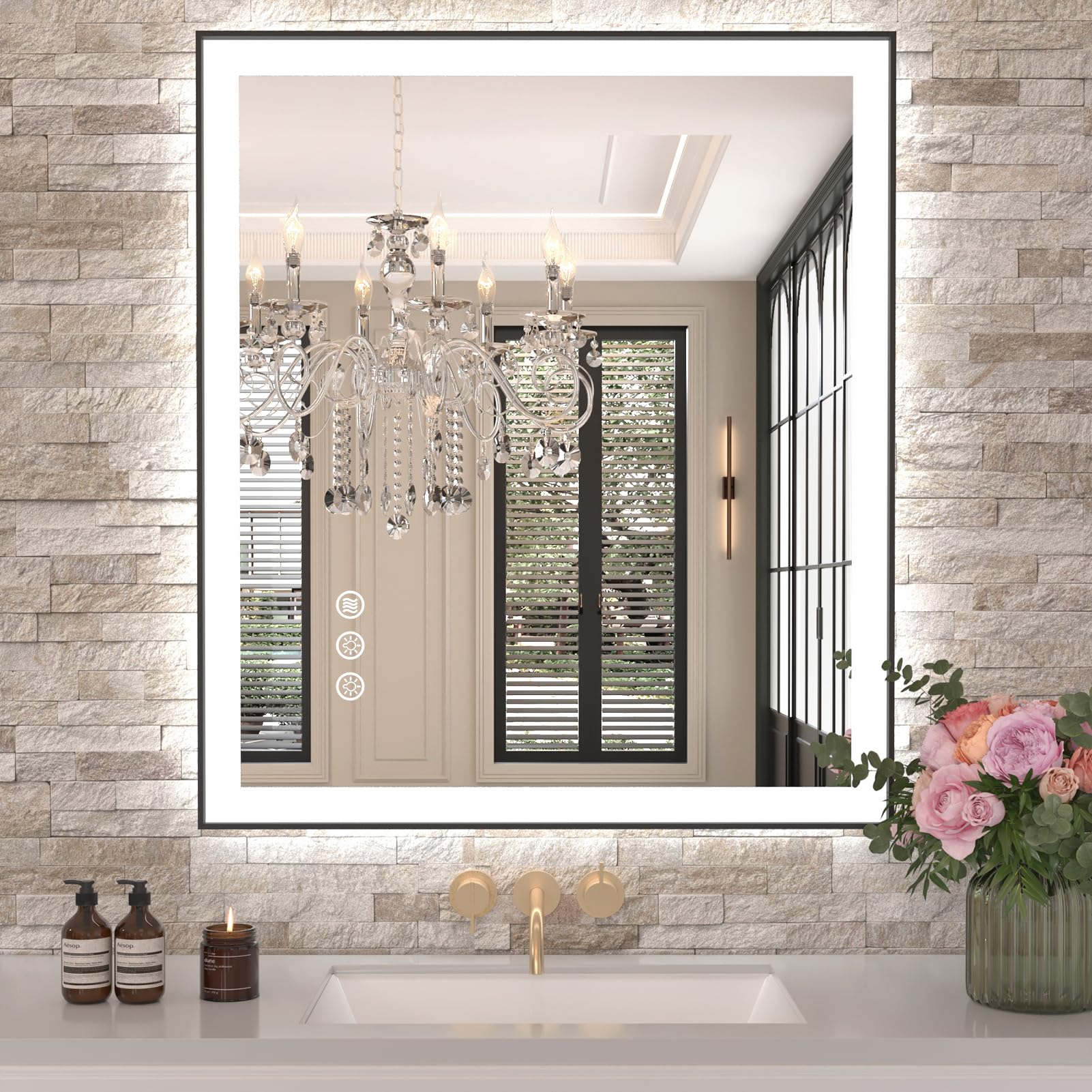 Amorho 28x 32 LED Bathroom Mirror with Black Frame, Front Light and Backlit(Controlled Separately), Stepless Dimmable, Anti-Fog,