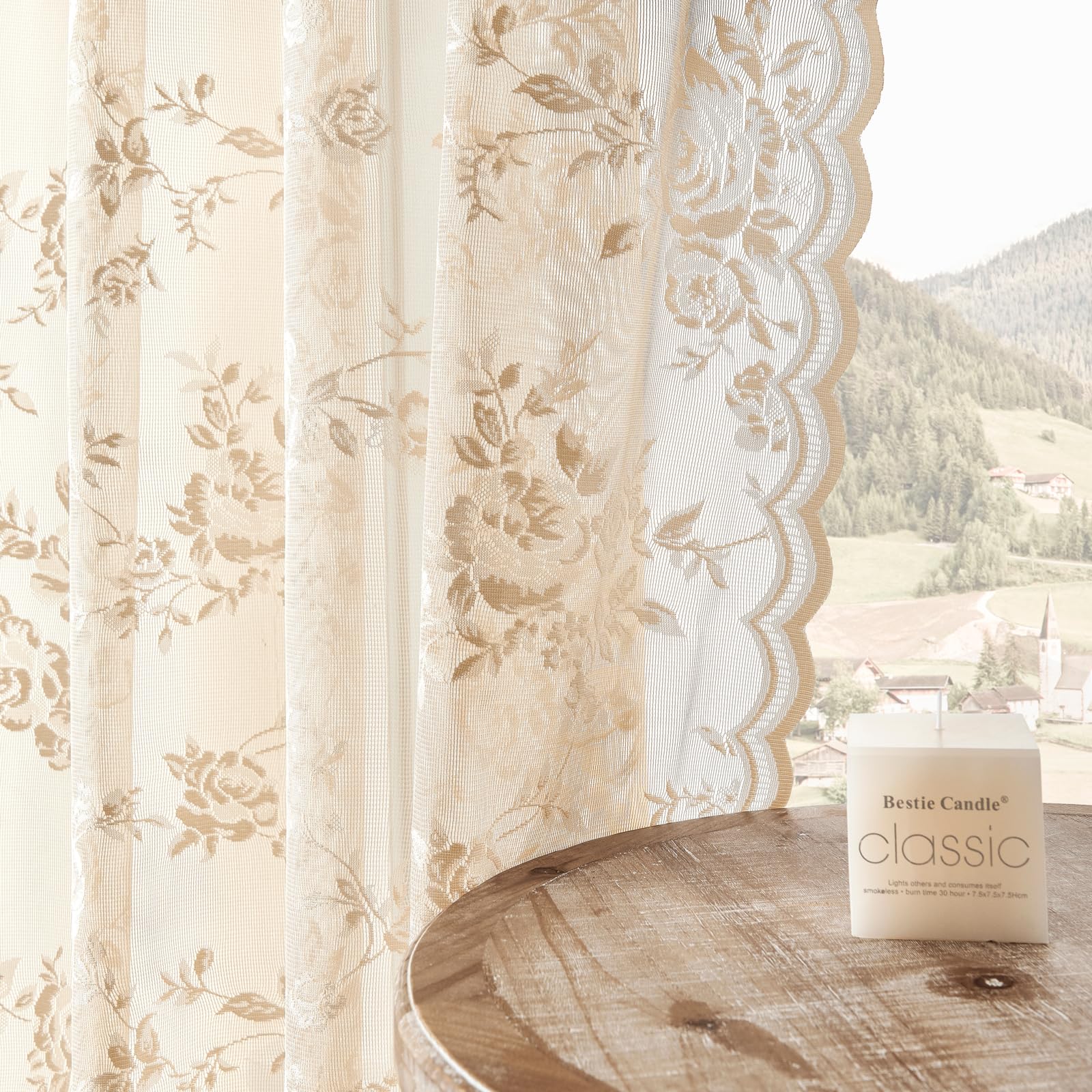 Seekright Beige Lace Curtains 54 Inch Length Country Floral Curtains For Kitchen Cafe Victorian Flower Sheer Curtains 2 Panels S