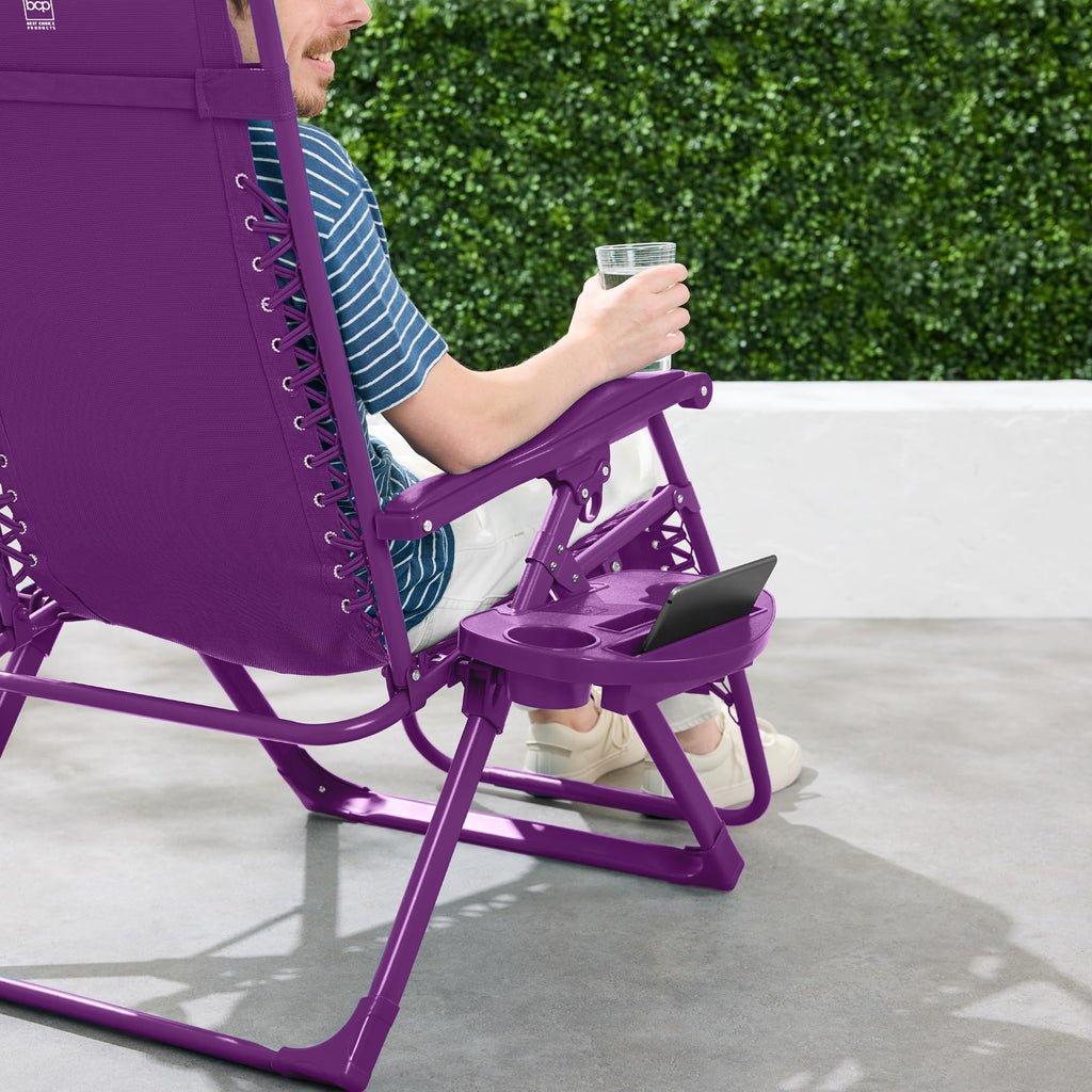 Best Choice Products Adjustable Zero Gravity Chair, Monochromatic Color Folding Patio Recliner W/Side Tray, Headrest - Amethyst