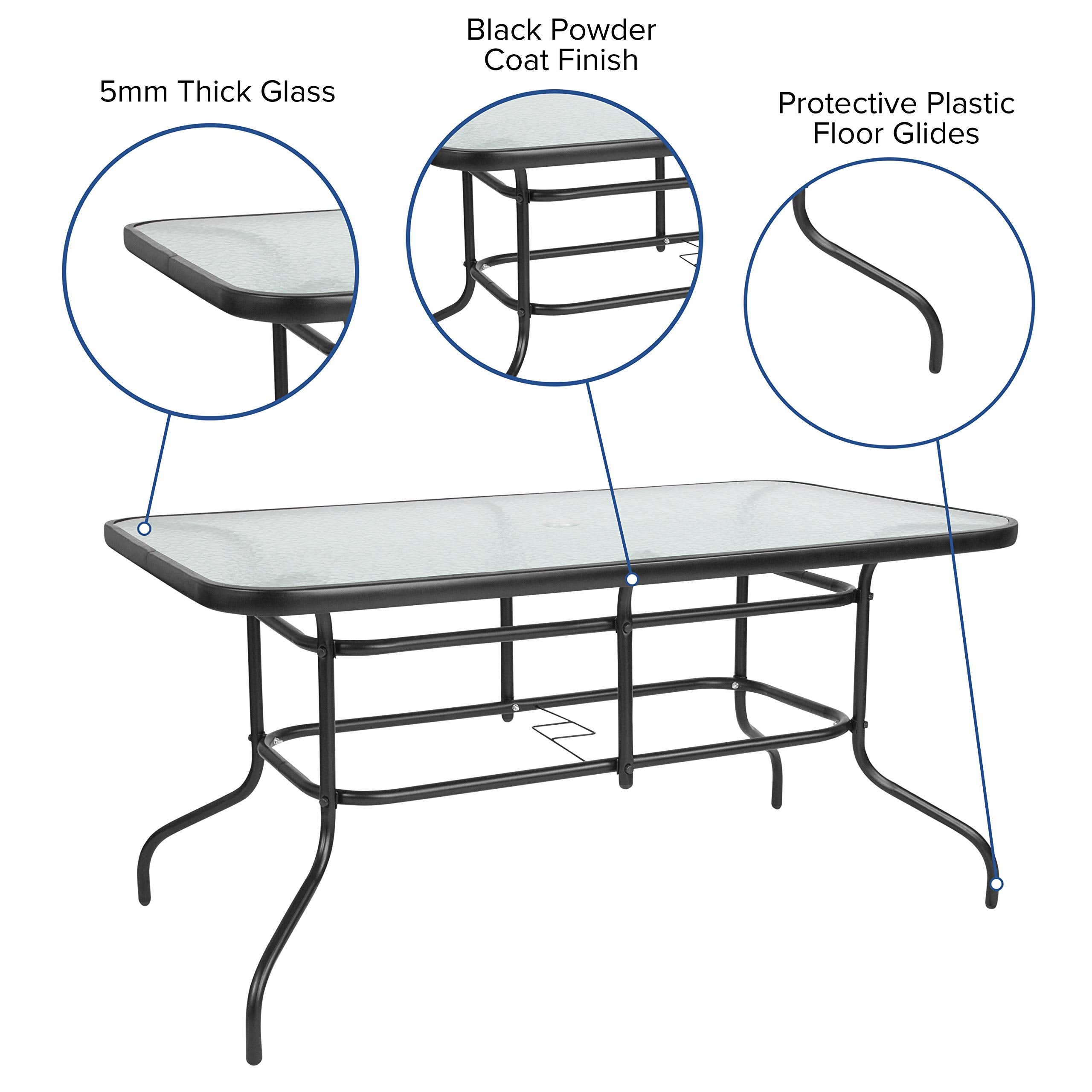 Flash Furniture Brazos Series 7-Piece Glass Patio Table And Chairs Set, Outdoor Dining Set With Table With Umbrella Hole, 6 Sling Patio Chairs, Black