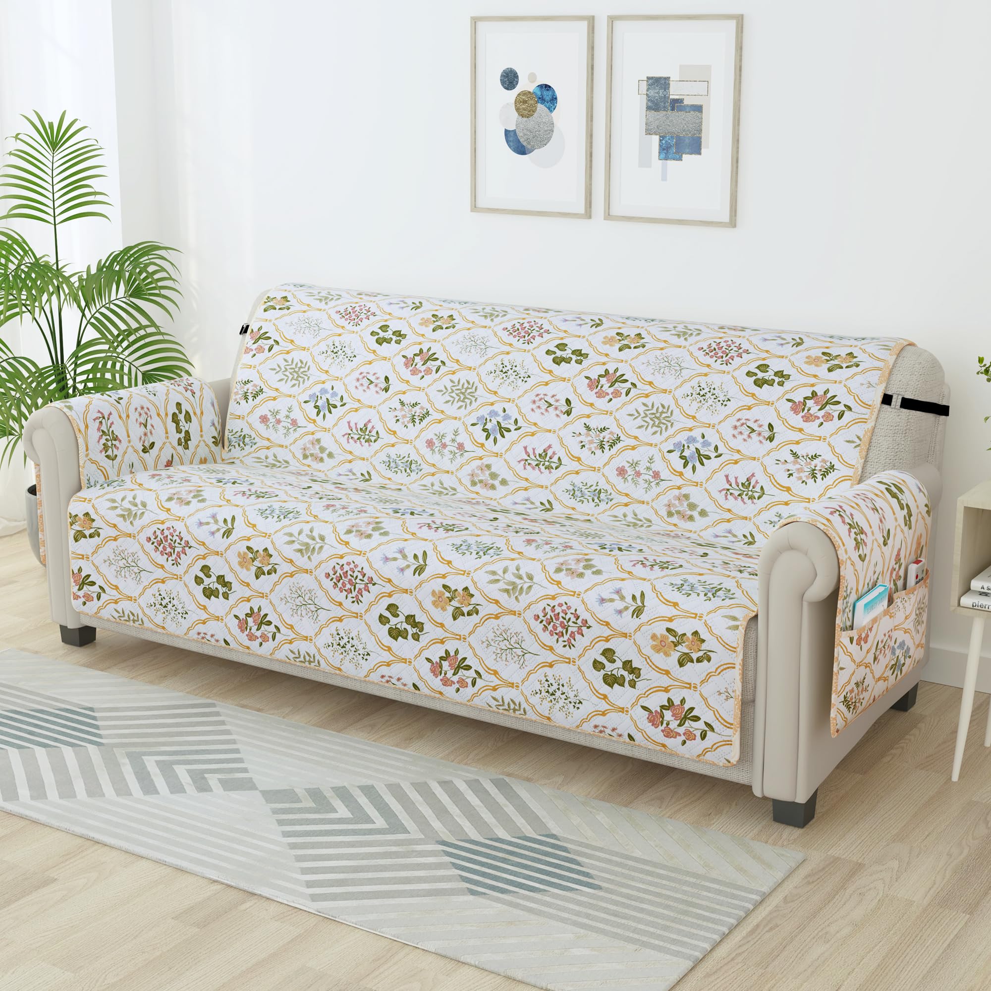 Story@Home Quilted Sofa Cover 3 Seater Fully Covered | 175 X170 Microfiber Sofa Cover 3 Seater Beige & Green Floral Motif Design