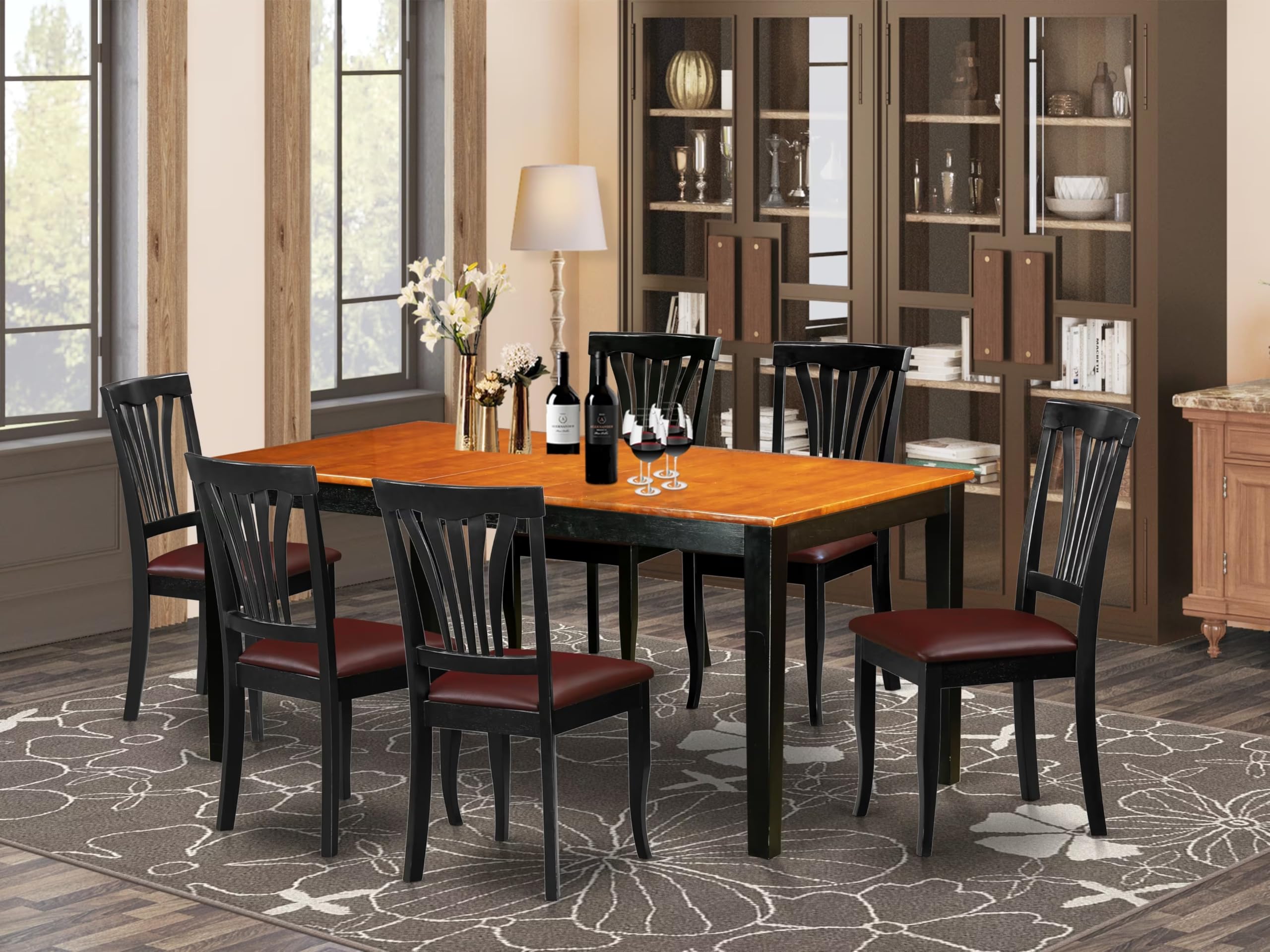 East West Furniture NIAV7-BCH-LC 7 Piece Modern Dining Table Set Consist of a Rectangle Wooden Table with Butterfly Leaf and 6 Faux Leather Dining Room Chairs, 36x66 Inch, Black & Cherry