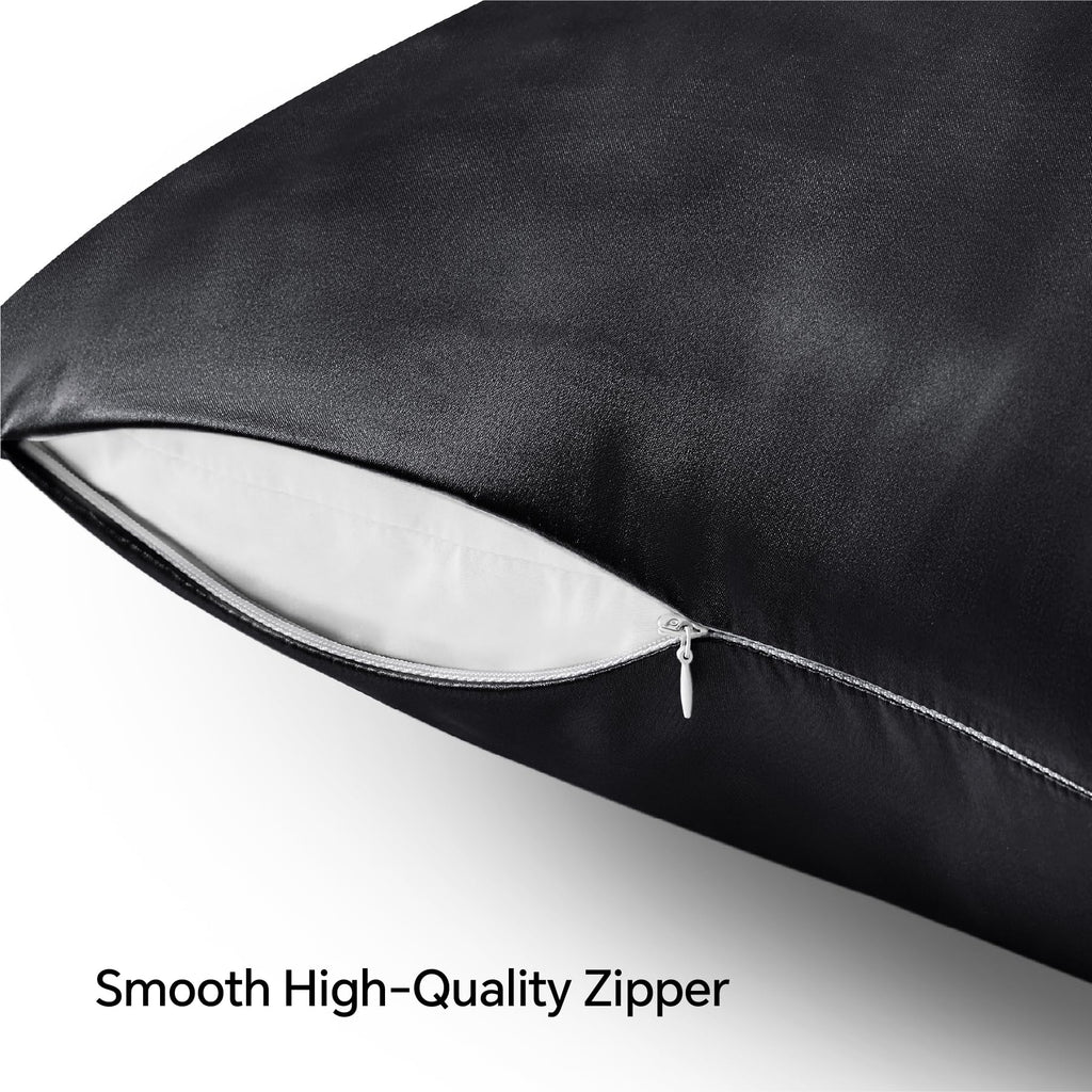 Bedelite Satin Pillowcase With Zipper, Black King Size Pillow Cases Set Of 2, Super Soft And Cooling Similar To Silk Pillow Case