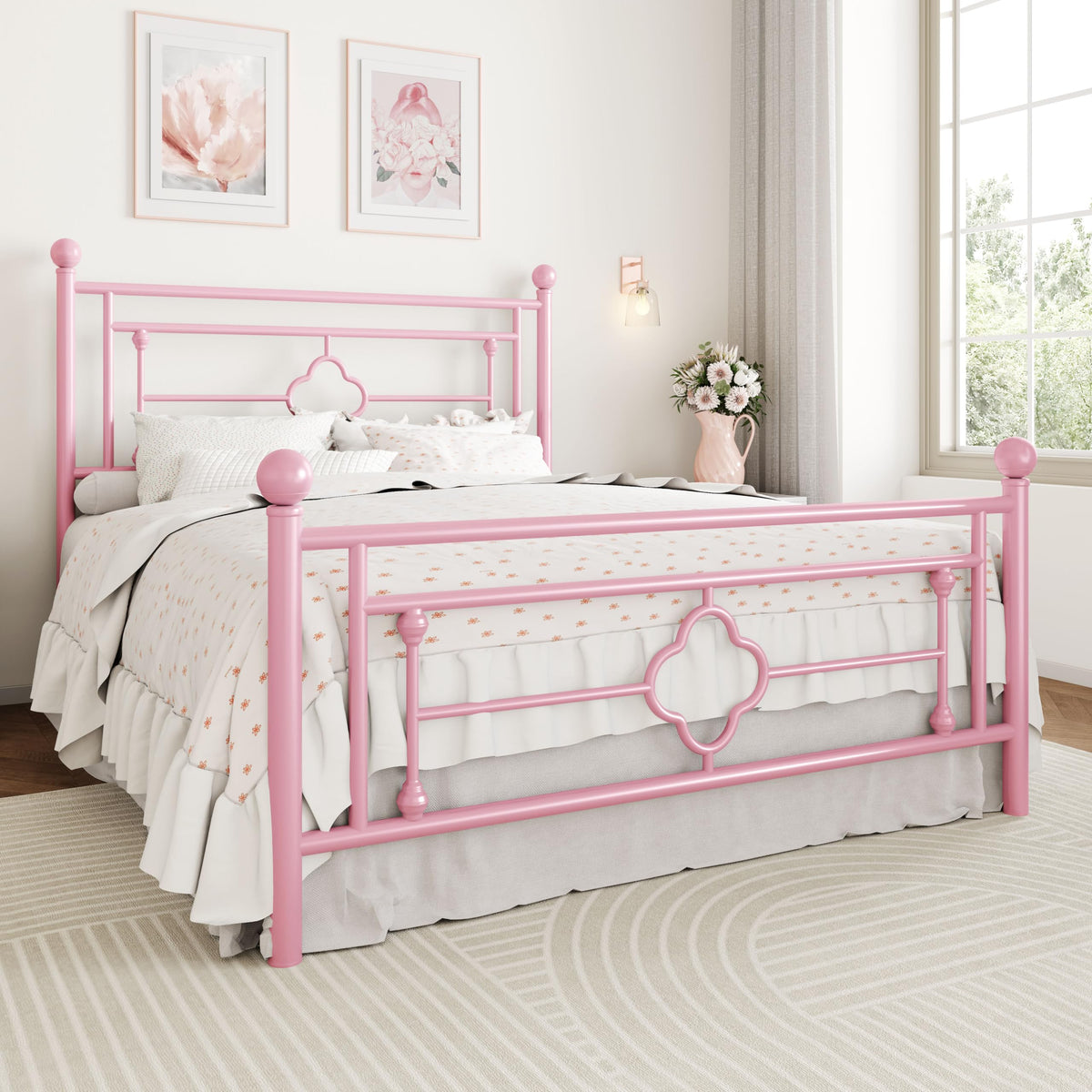 Sha Cerlin 14 Inches Queen Size Metal Platform Bed Frame/Vintage Iron-Art Headboard And Footboard/Mattress Foundation For Storage/No Box Spring Needed/Noise-Free/Easy Assembly/Pink