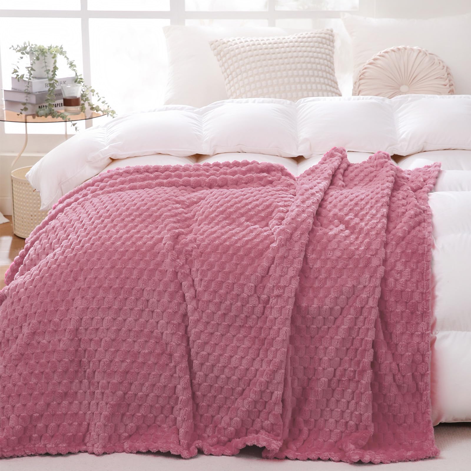 Dusty Pink Throw Blanket 50''  60'' Inches Gifts For Mom Fuzzy 3D Jacquard Decorative Flannel Fleece Super Soft Plush Cozy Blank