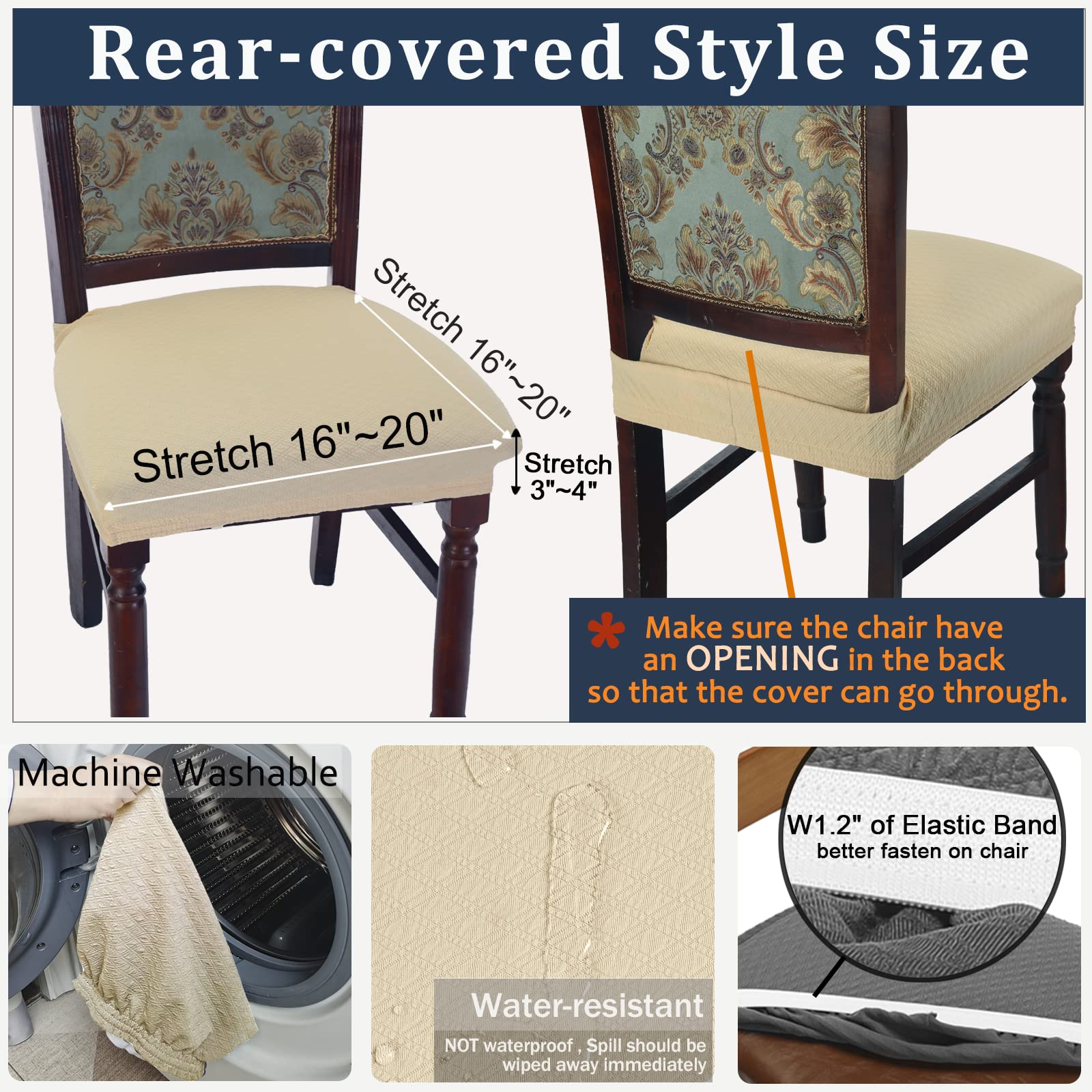 Buyue Luxury Dining Room Chair Covers Set Of 4, Easy Installation Stretchy Jacquard Armless Kitchen Chair Seat Protectors, Rear Covered- Beige- 4