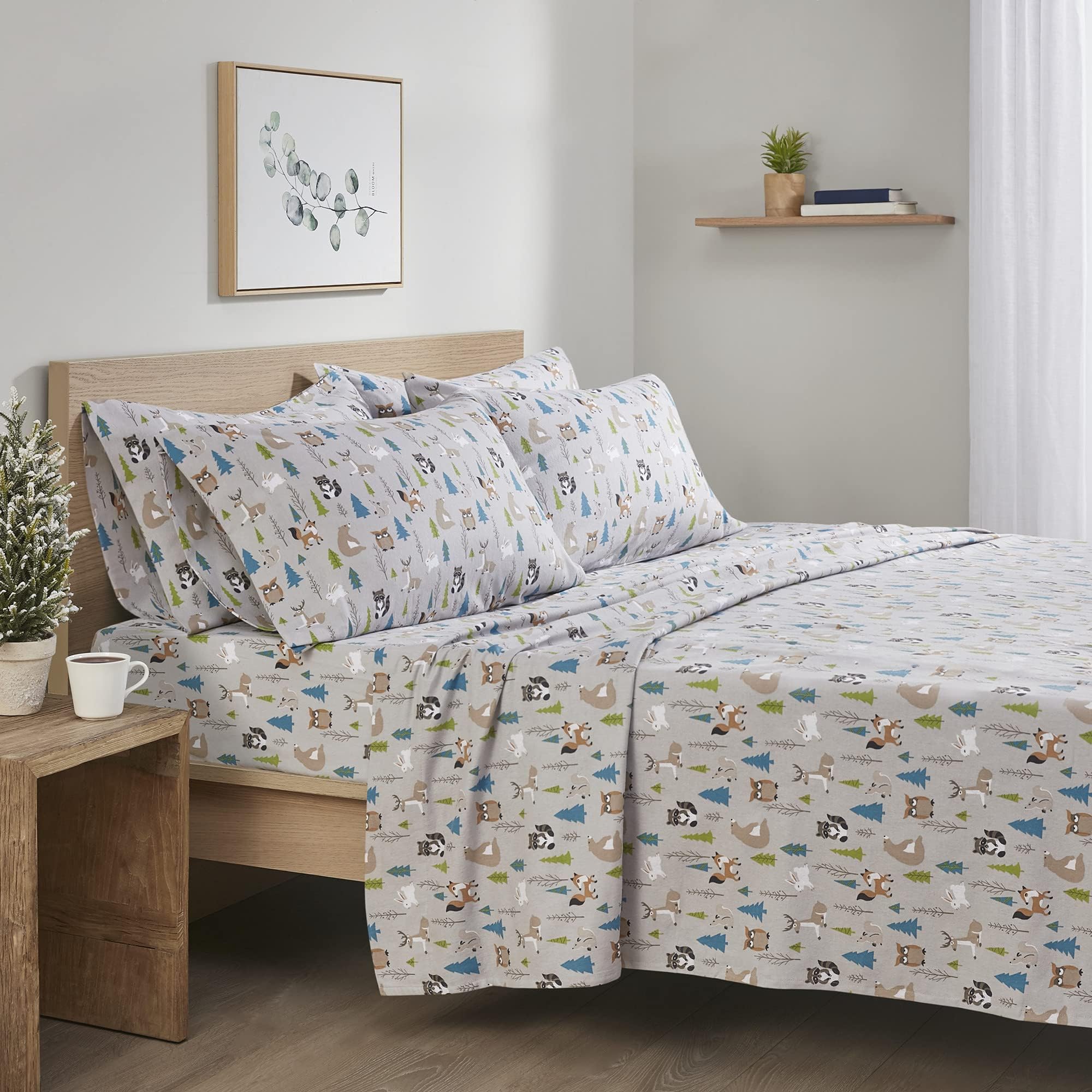 Comfort Spaces Cotton Flannel Breathable Warm, Deep Pocket Sheets With Pillow Case Bedding, Full, Multi Forest Animals 4 Piece