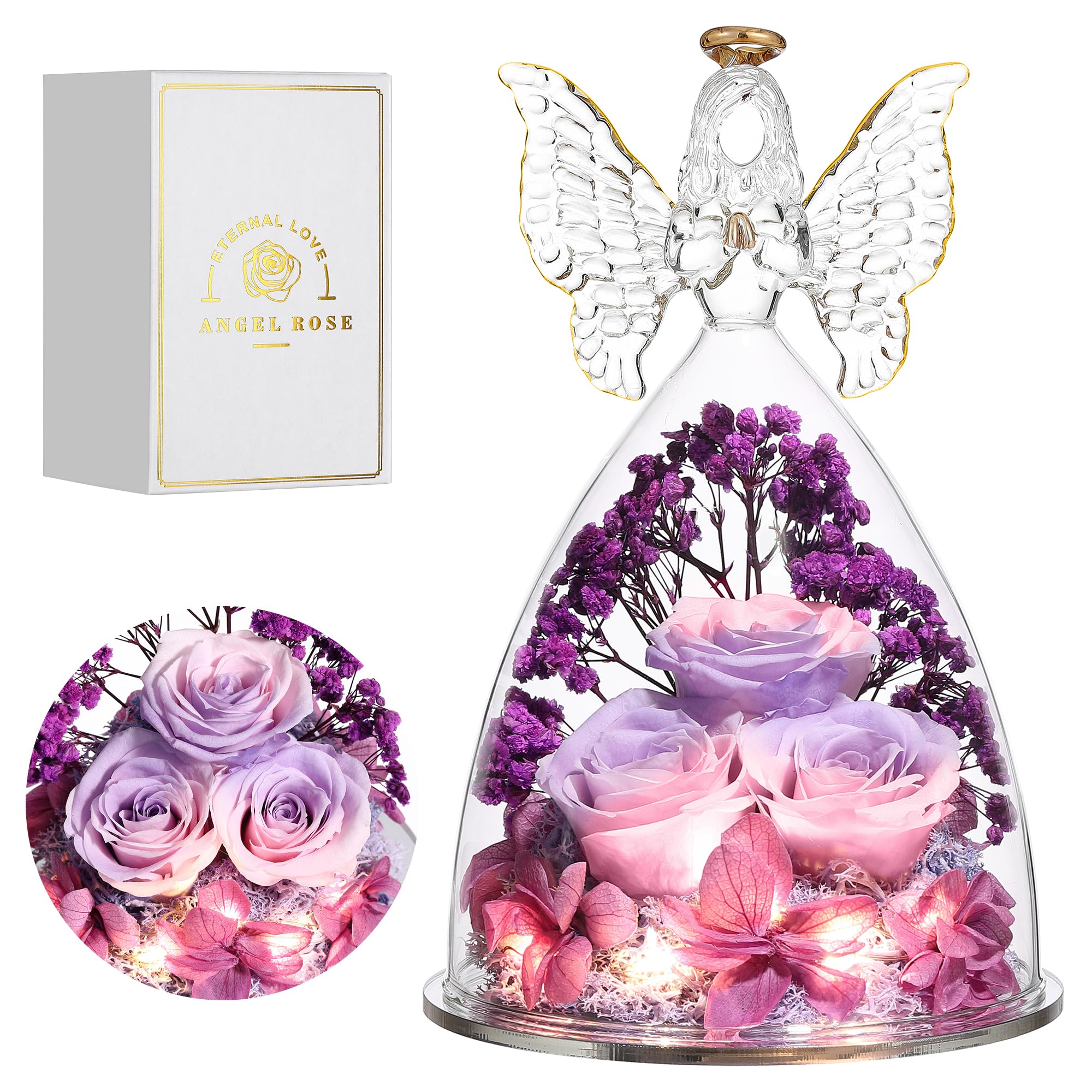 Tiaronics Mothers Day Rose Gifts for Her, Glass Angel Figurine with Three Roses Gifts,Preserved Forever Real Rose Gifts for Wome