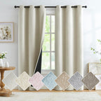 Natural Beige Full Blackout Window Curtain Panels 63 inches Long Burlap Linen Textured, Short Thermal Insulated Burlap Linen Bed