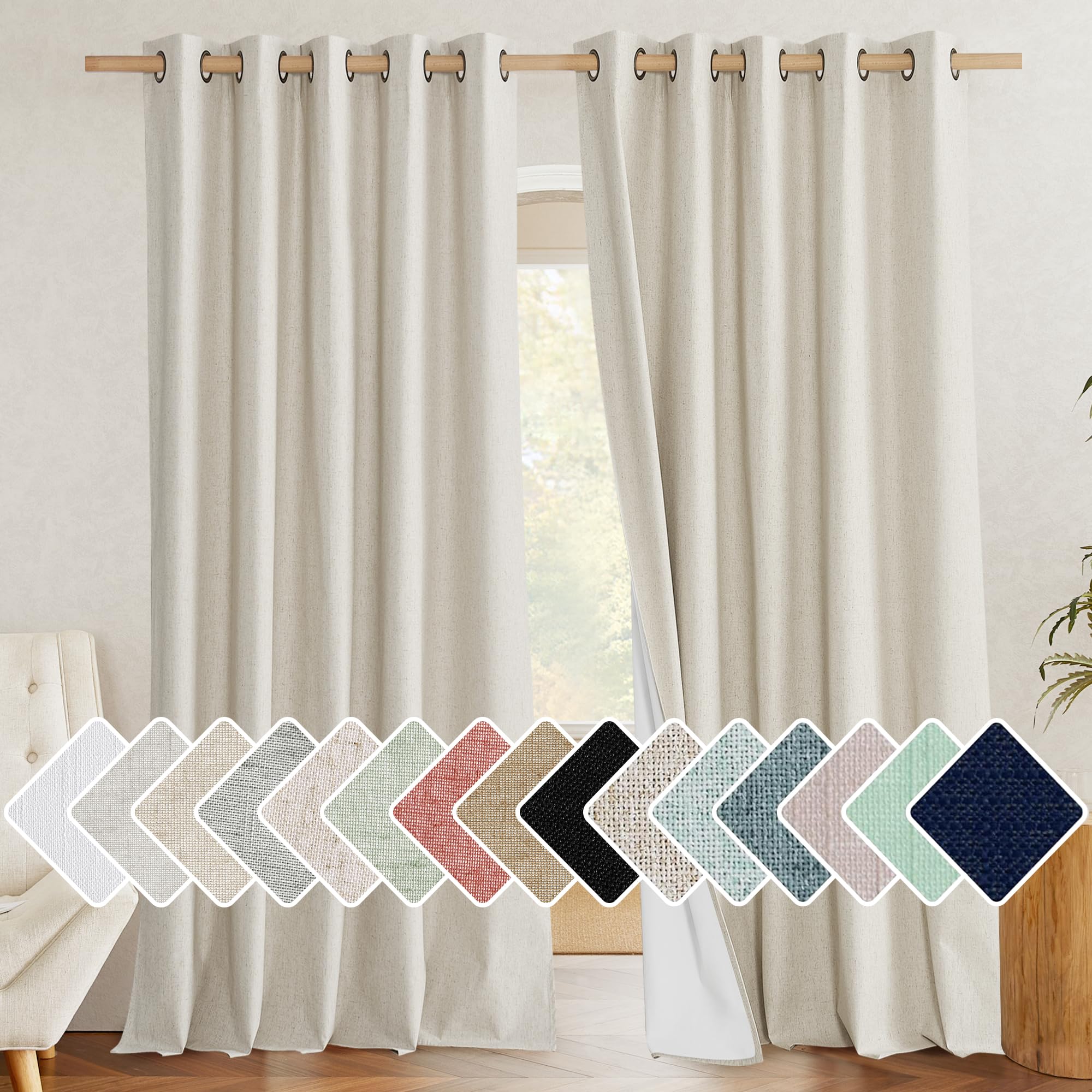 NICETOWN Full Blackout Natural Linen Curtains 102 Length with Thermal Insulated Liners for Living Room, 2 Panels, 62 inches W, F