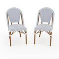 Martha Stewart Lily Pond Indoor-Outdoor Stackable Bistro Chairs with Natural Woodgrain Aluminum Frame Finish, White/Navy Woven R