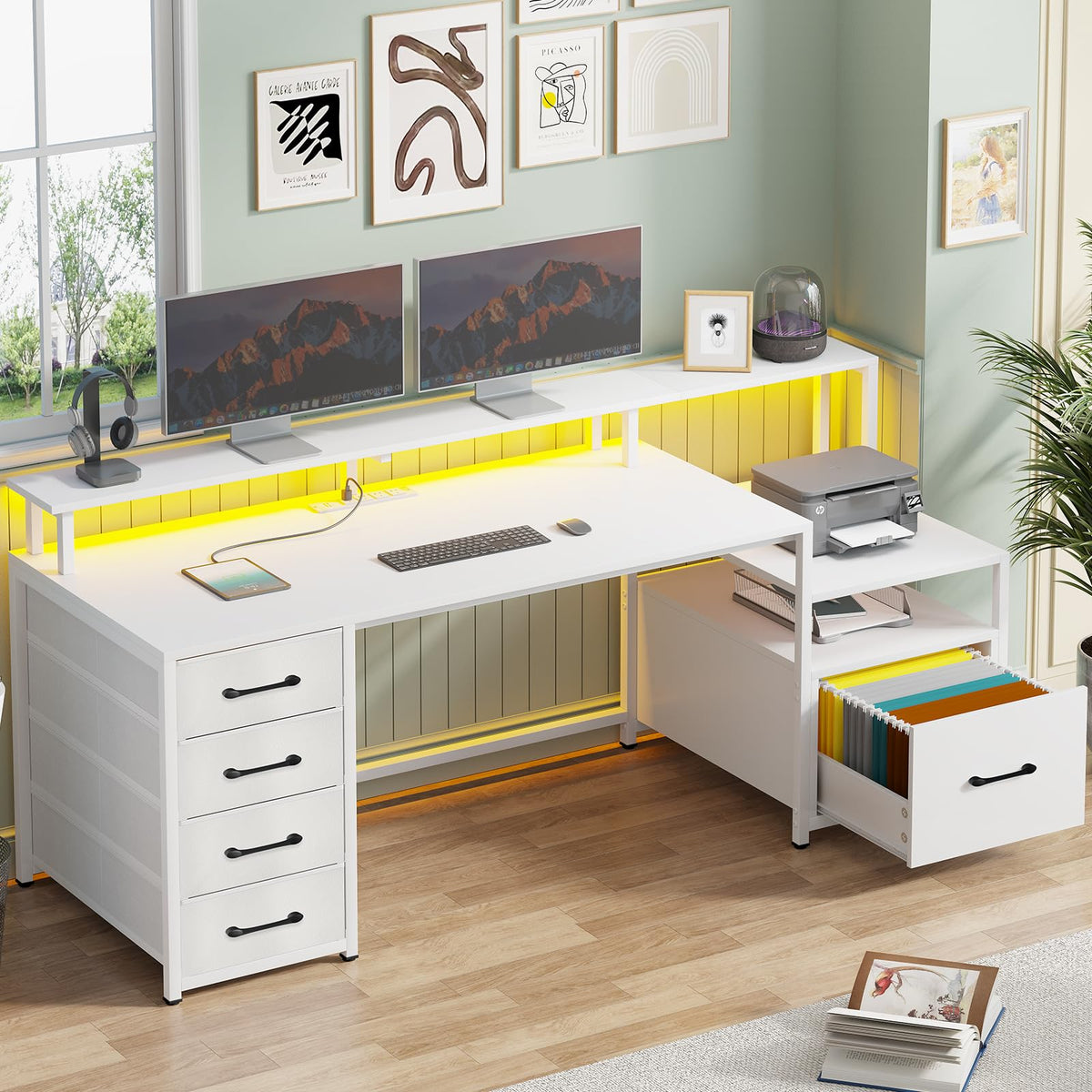 Sedeta White Computer Desk With 5 Drawer & Power Outlet, 66'' Home Office Desk With File Drawer, Storage Shelves, Printer Cabinet And Monitor Shelf, Gaming Desk With Led Lights