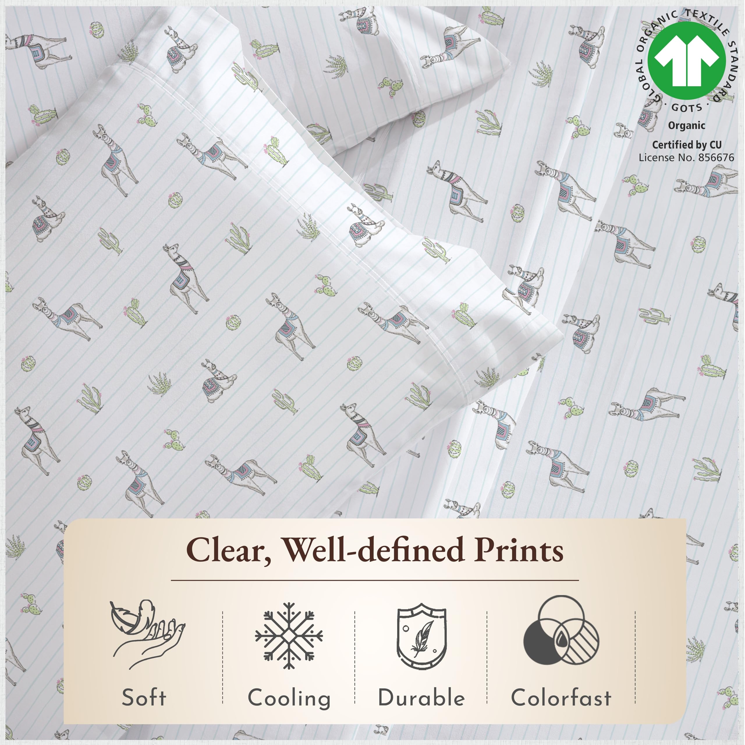 California Design Den Printed Full Size Cotton Sheet Set, 100% Organic Cotton Percale Sheets, Deep Pocket Sheets & Pillowcase Set - Llama