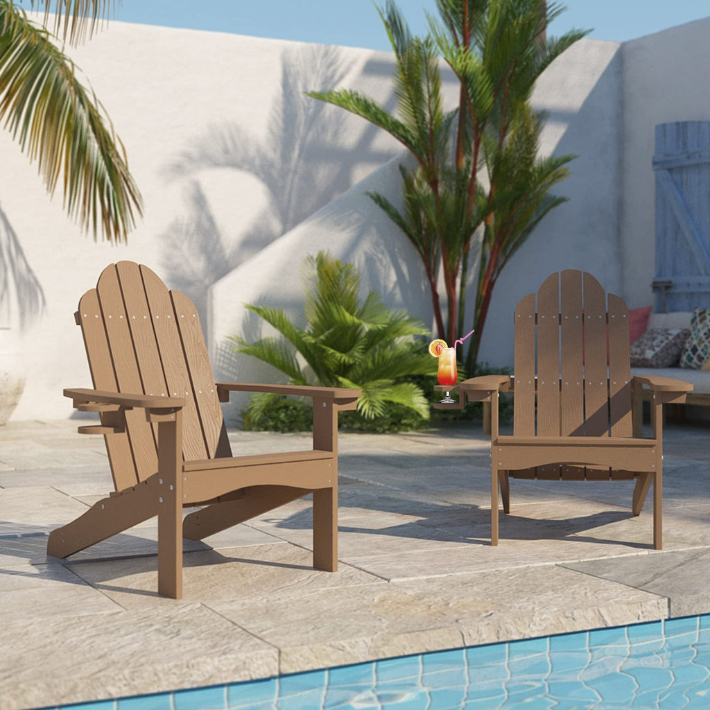 Lue Bona Adirondack Chairs Set Of 2, Brown Poly Adirondack Chairs With Cup Holder, 350Lbs Modern Adirondack Chair Weather Resistant, Outdoor Patio Chair For Fire Pit, Patio, Law, Balcony, Backyard