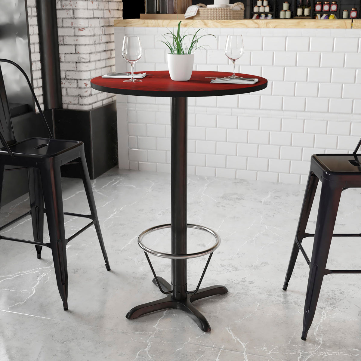 Flash Furniture 30'' Round Mahogany Laminate Table Top With 22'' X 22'' Bar Height Table Base And Foot Ring