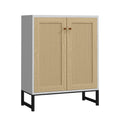 Panana Rattan Decorated 2 Doors Storage Cabinet Accent Cabinet Living Room Cupboard Kitchen Sideboard Buffet Table (White)