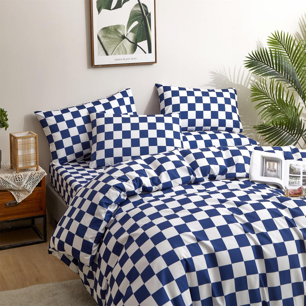 Clothknow Blue Plaid Queen Comforter Set 3Pcs Grid Bedding Comforter Sets Checkerboard Queen Comforter Royal Blue White Queen Size Comforter Sets