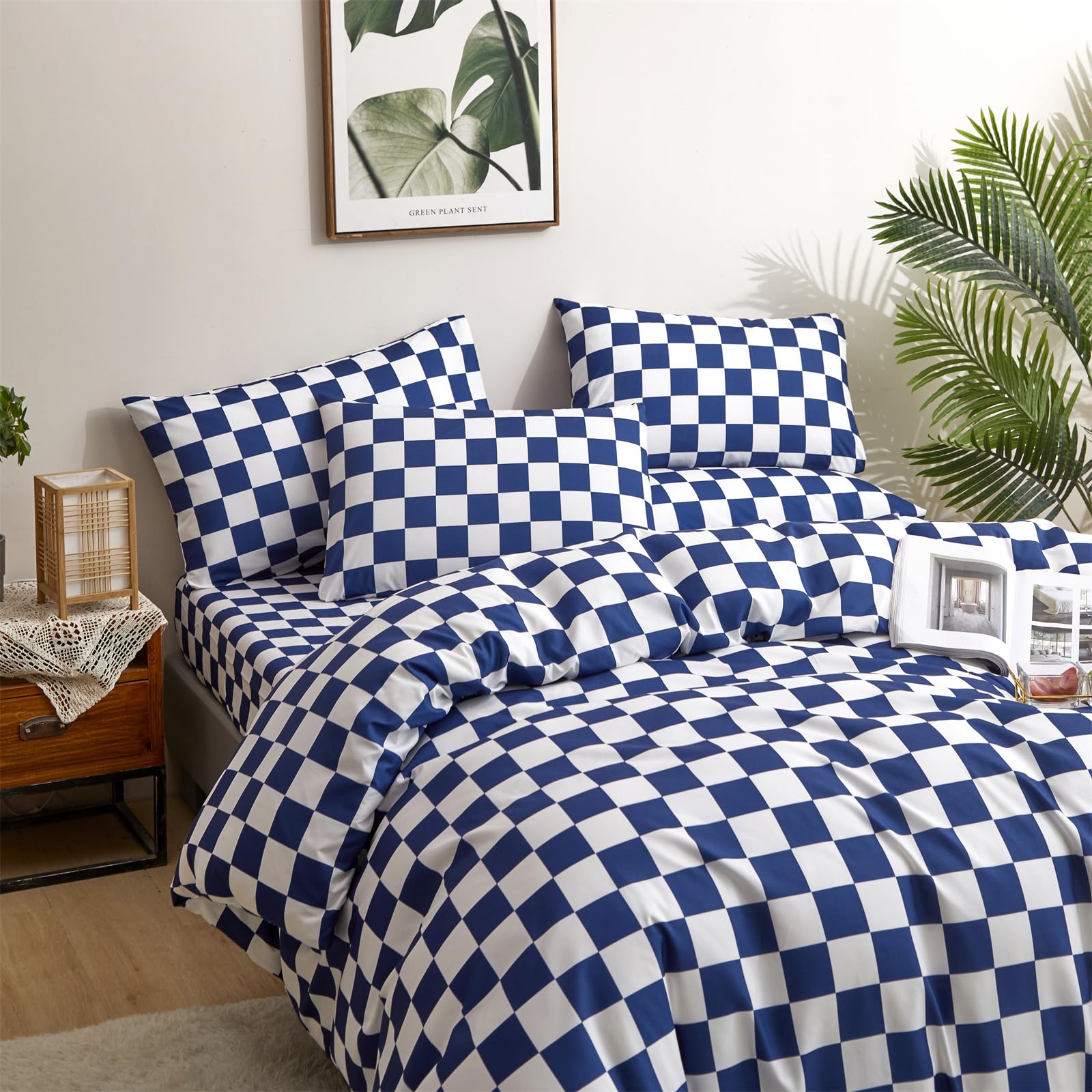 Clothknow Blue Plaid Queen Comforter Set 3Pcs Grid Bedding Comforter Sets Checkerboard Queen Comforter Royal Blue White Queen Size Comforter Sets