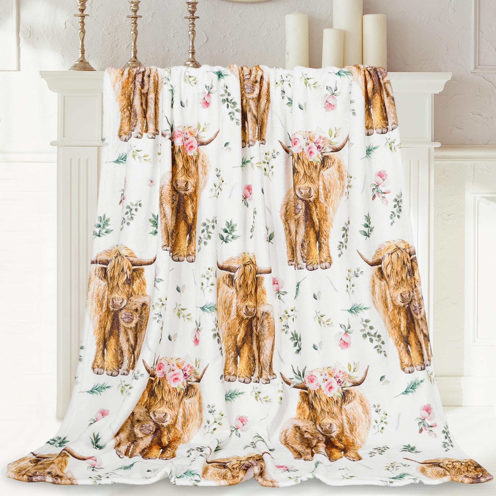 Jarthenaamcs Floral Highland Cow Fuzzy Flannel Blanket 60 X 50 Inch Farmhouse Throw Blanket Watercolor Flower Greenery Yak Blank