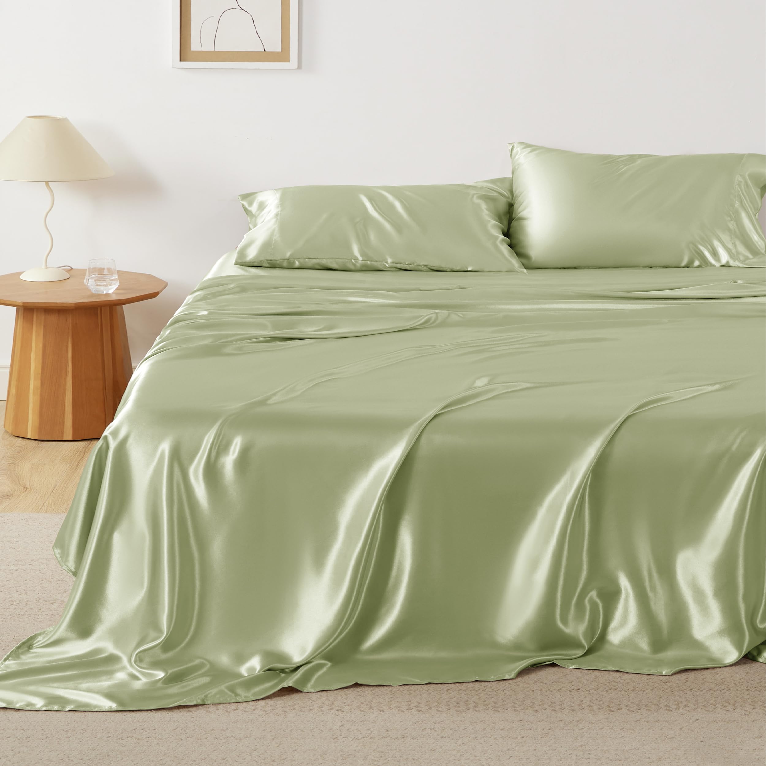 Bedsure Satin Sheets Full - Similar To Silk Sheets, Silky Bedsheet, Luxury & Ultra Soft, Non-Fading & Wrinkle Free, Good For Hair & Skin, Gifts For Women, 4 Pieces, Sage Green