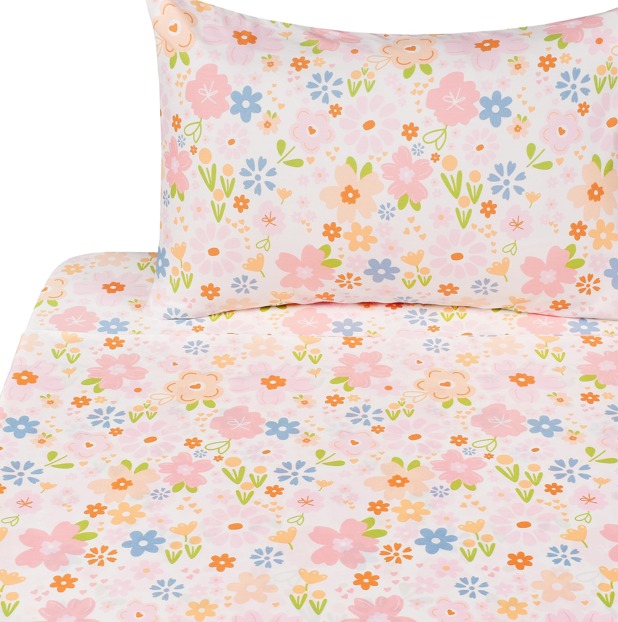J-Pinno Floral Graden Wildflower Cartoon Cute Cozy Fun 4 Pcs Full Sheet Set For Kids Girls Children100% Cotton Flat Sheet + Fitt