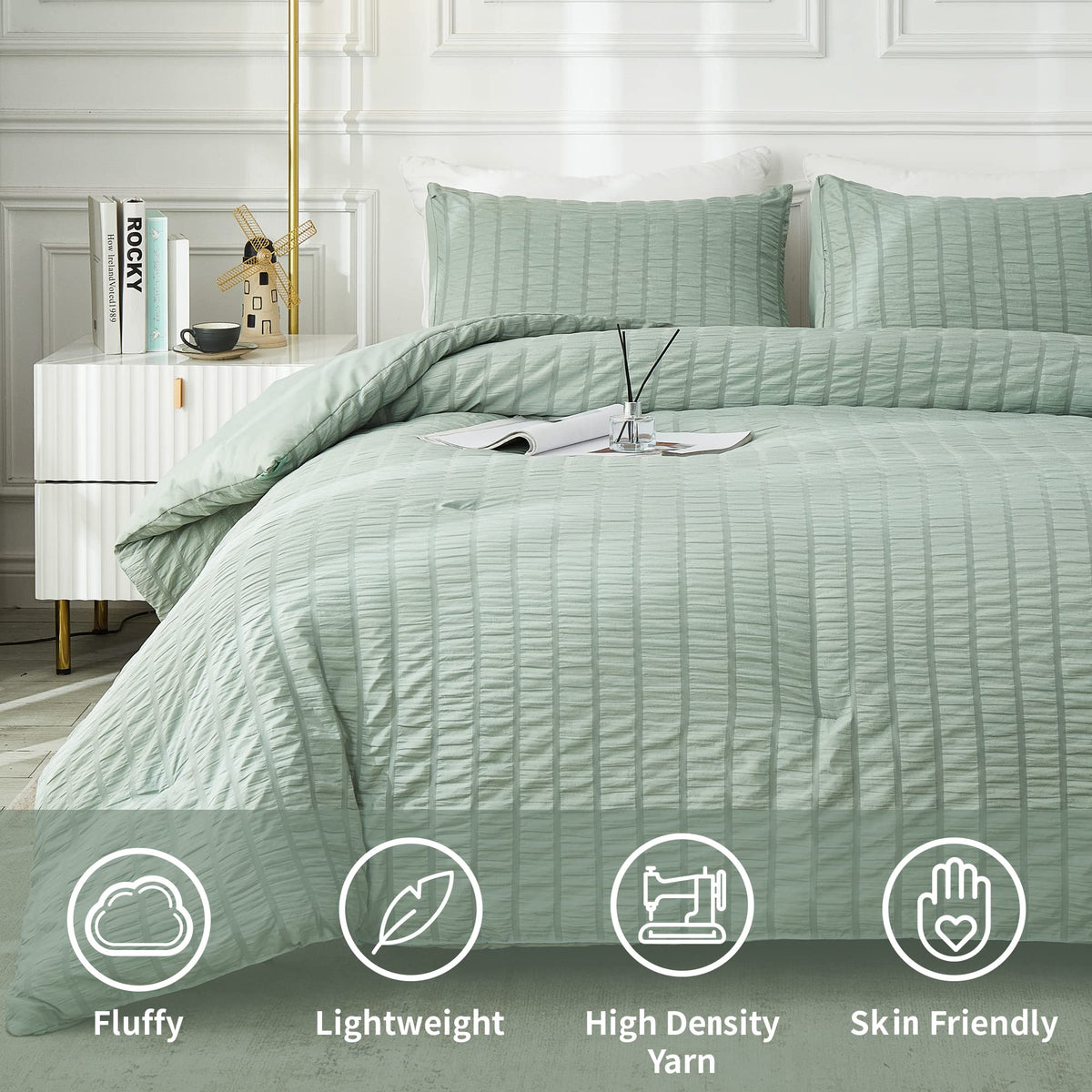 Avelom Sage Green Seersucker Twin/Twin Xl Comforter Set (68X90 Inches), 2 Pieces-100% Soft Microfiber Lightweight Comforter With 1 Pillowcase, All Season Down Alternative Comforter Set For Bedding