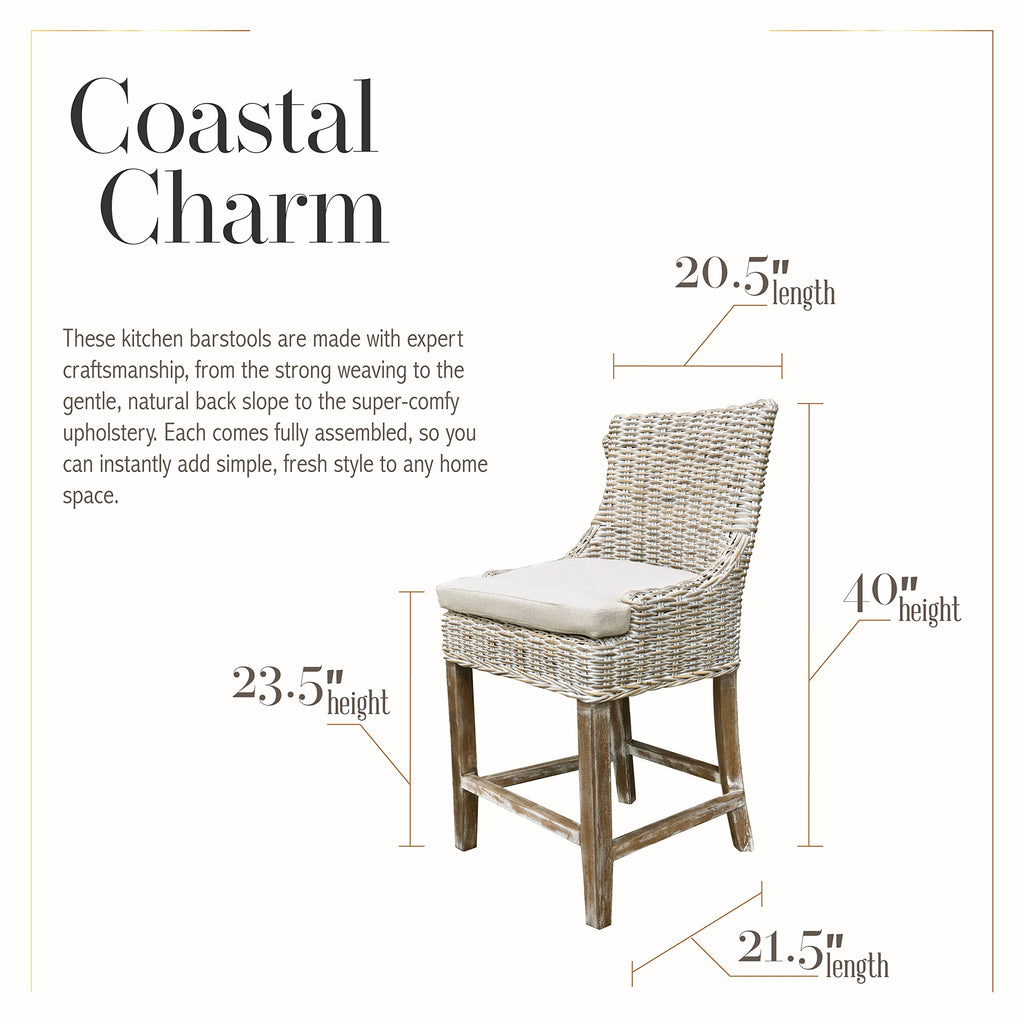 AFD Home Alfresco Kuba-Weave Counter Stool, Wooden, Off White, 23 Inch Seat Height