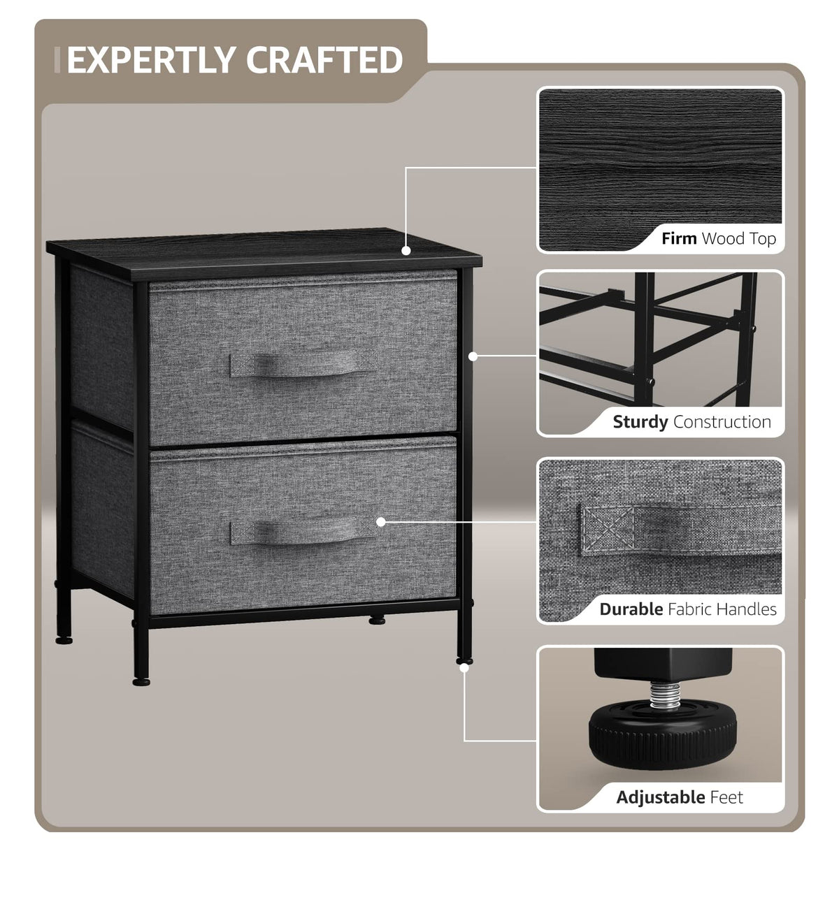 Sorbus Nightstand With 2 Drawers - Bedside Furniture End Table Night Stand With Steel Frame, Wood Top & Easy Pull Fabric Bins - Small Dresser & Chest For Home, Bedroom Accessories & Office