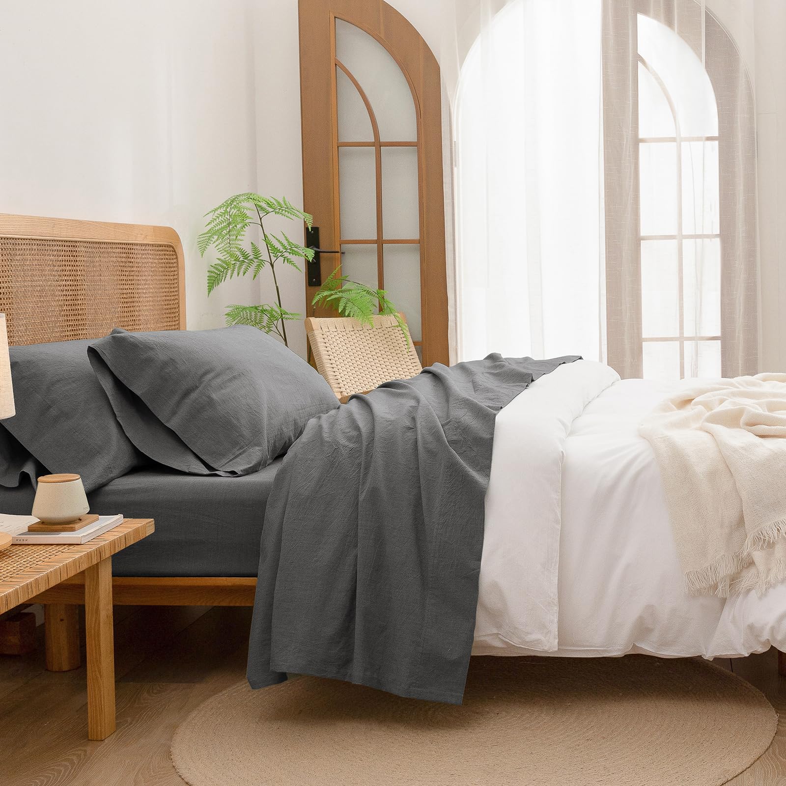 BESTOUCH Sheet Set 100% Washed Cotton Linen Feel Super Soft Comfortable Chic Lightweight 4 Pcs Home Bedding Set Solid Dark Grey 
