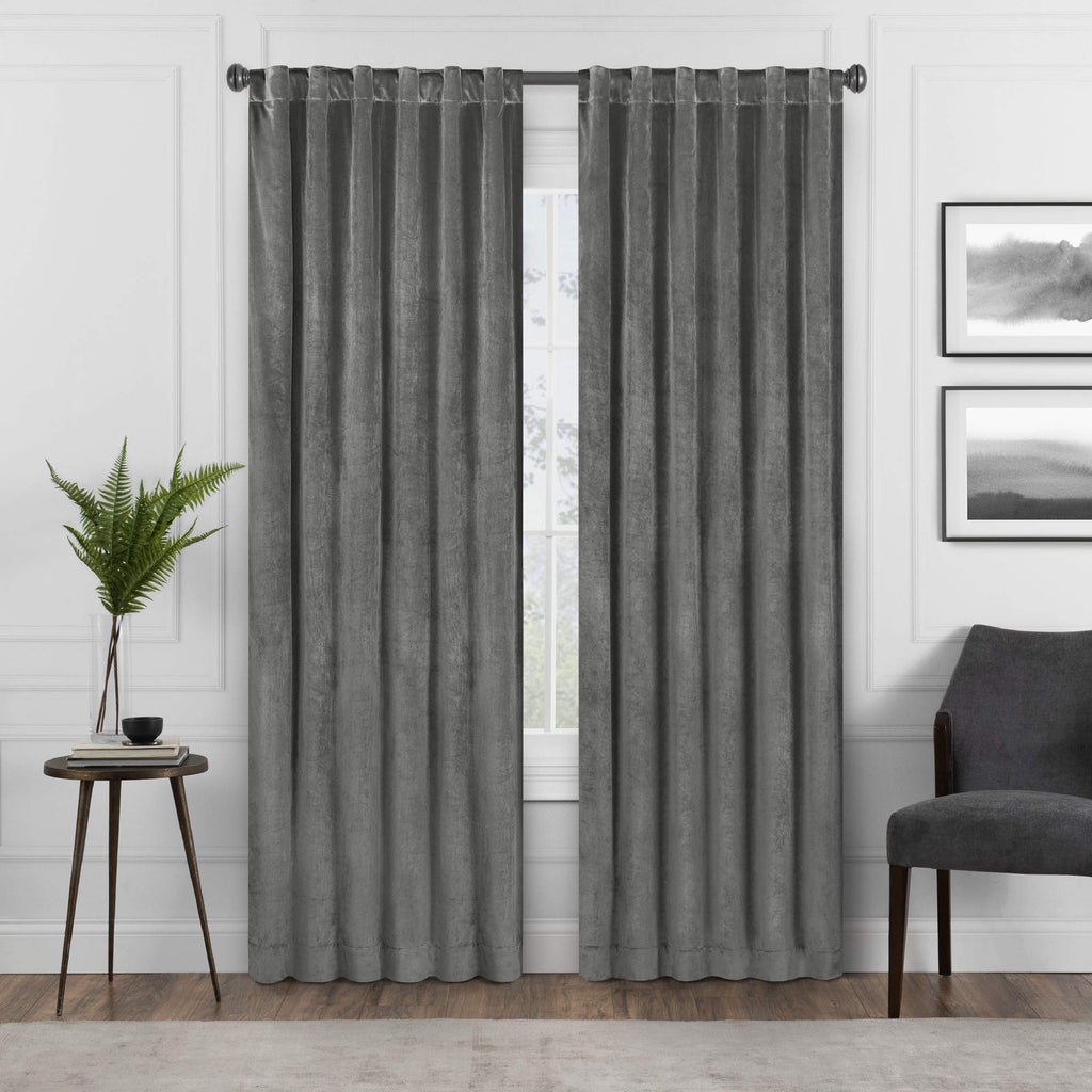 Eclipse Harper Velvet Rod Pocket Curtains for Bedroom, Single Panel, 50 in x 84 in, Charcoal