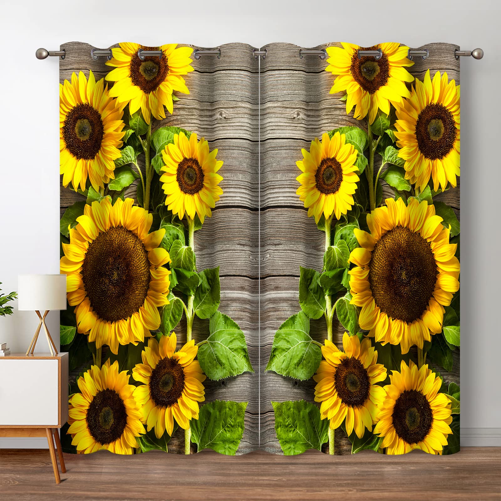 Jekeno Sunflower Floral Blackout Curtains Spring Flower on Rustic Wood Country Wooden Decor for Home Bedroom Living Room Darkeni