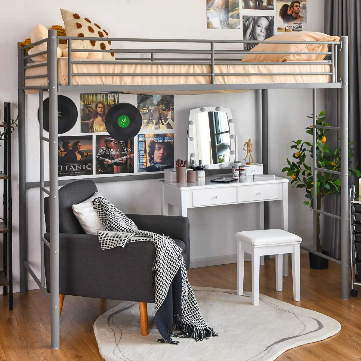 Giantex Metal Loft Bed Twin Size, Heavy Duty Loft Bed Frame With 2 Ladders, Twin Over Loft Bunk Bed With Full-Length Guard, Space-Saving Bed Frame For Kids Teens Adults, No Box Spring Needed (Silver)
