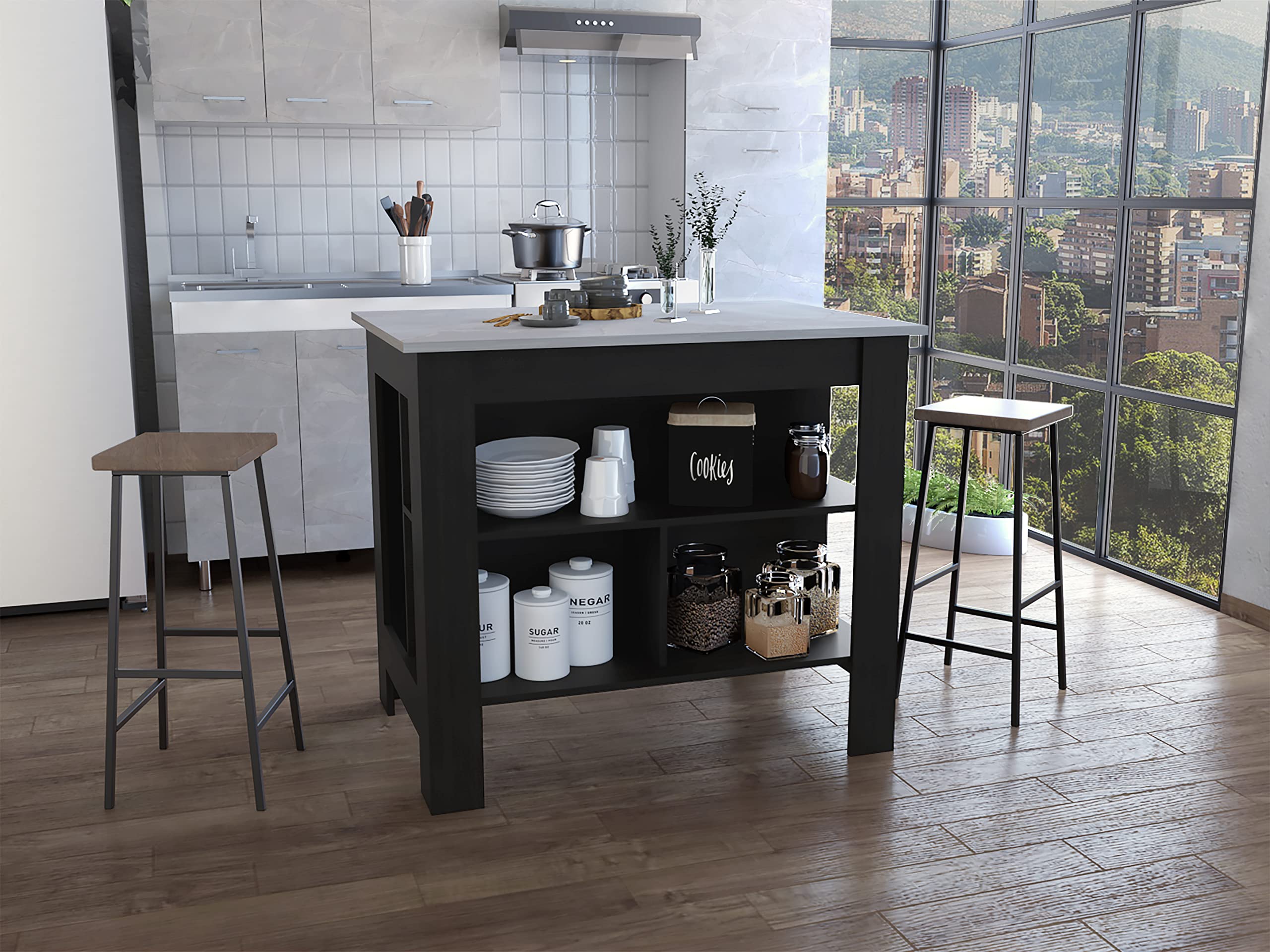 delos Depot E-Shop Kitchen Island, Kitchen Table 35" H, Four Legs, Three Open Storage Shelves