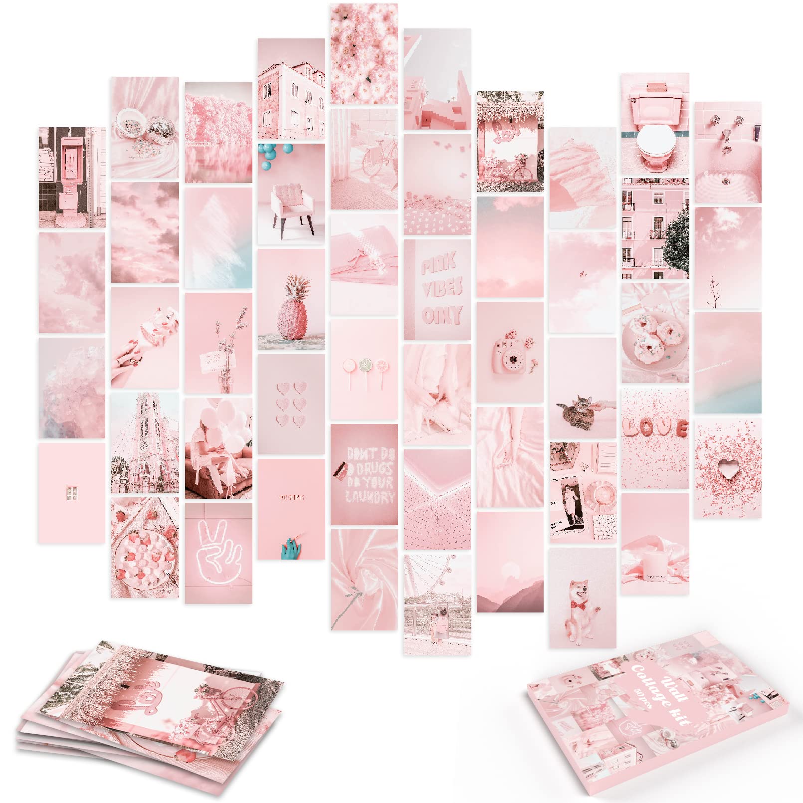 LOVEDMORE Photo Collage Kit Pastel Pink for Wall Aesthetic 50 Pictures | Pink Room Decor Gifts for Girls | Photo Wall Art for Te
