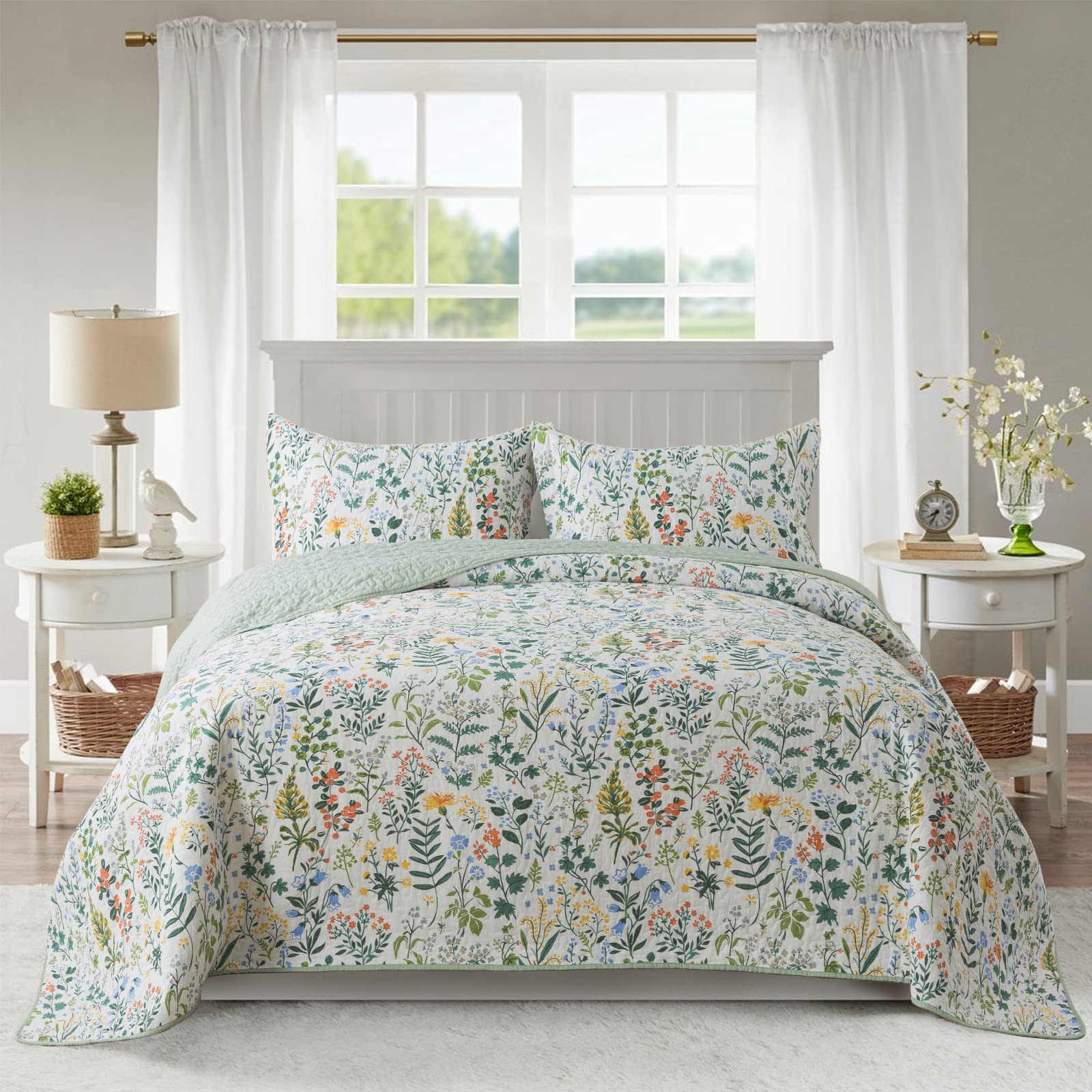 Newlake Cotton Bedspread Quilt Sets-Reversible Patchwork Coverlet Set, Green Classic Floral Pattern, Queen Size