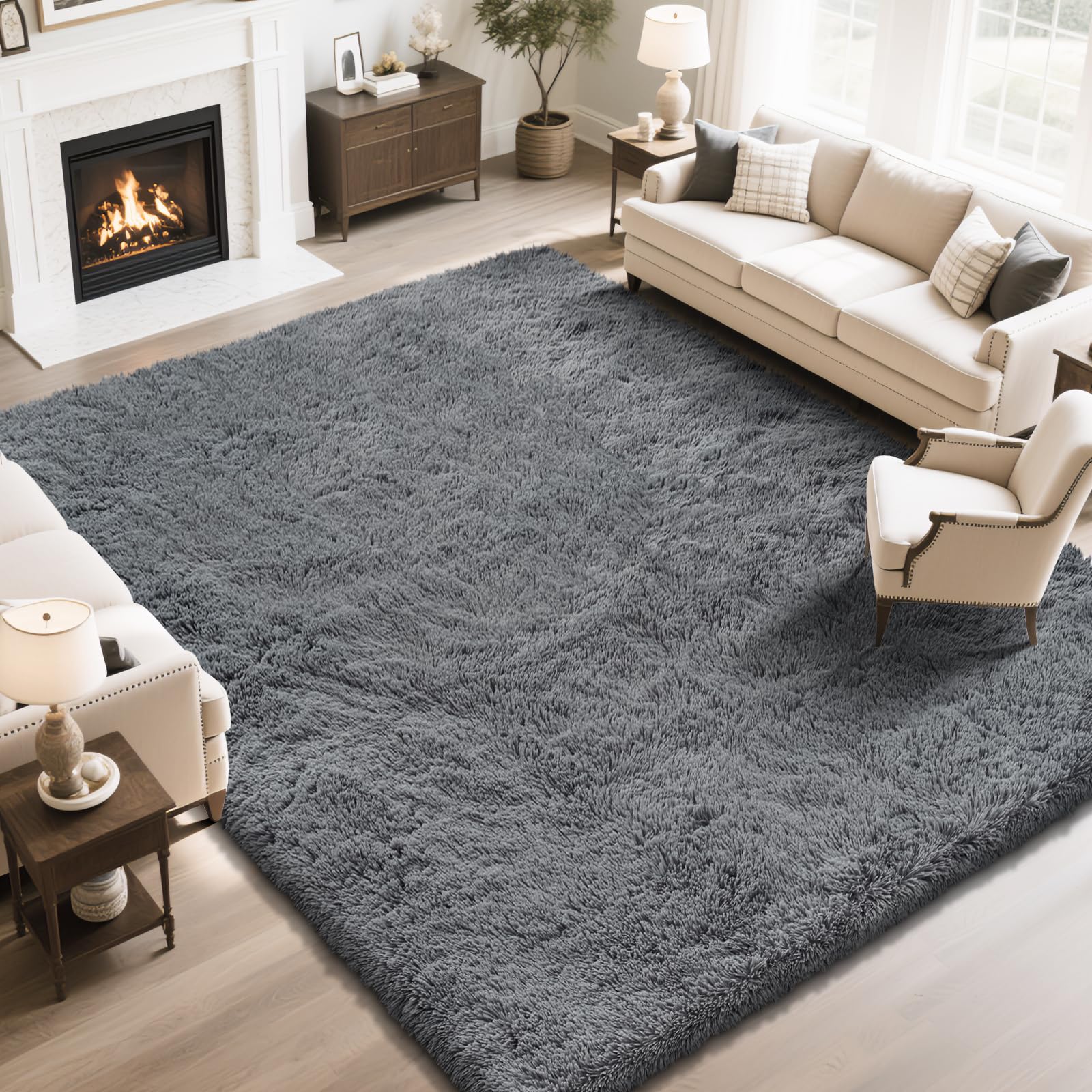 yongyangjuxin Fluffy Rug Shaggy Area Rug, Dark Grey 9x12 Area Rugs for Living Room, Large Shag Area Rugs for Bedroom Kids Room H