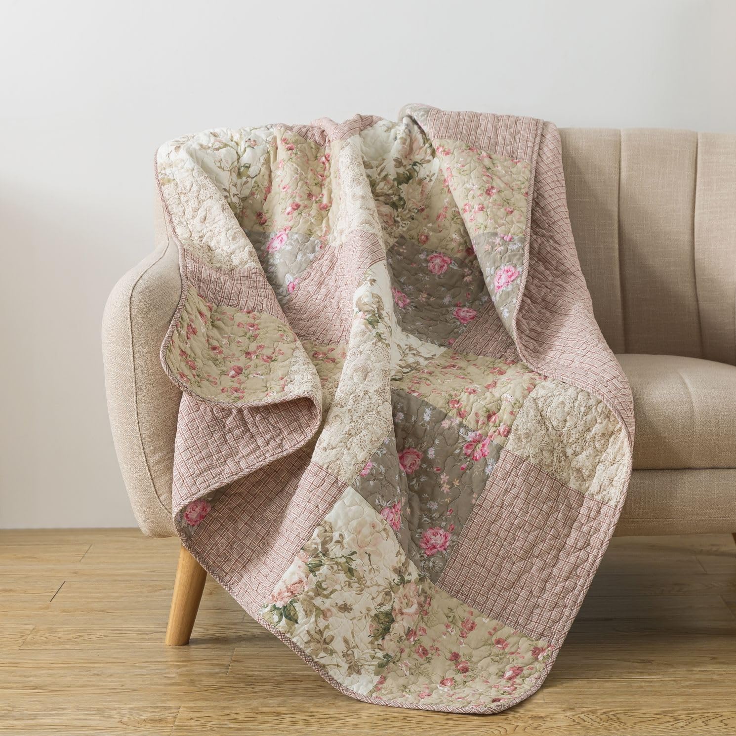 Secret Garden 50' X 60' Cotton Quilted Throw Blanket, Pink Floral Farmhouse Patchwork Throw Quilt For Couch, Lightweight Piece