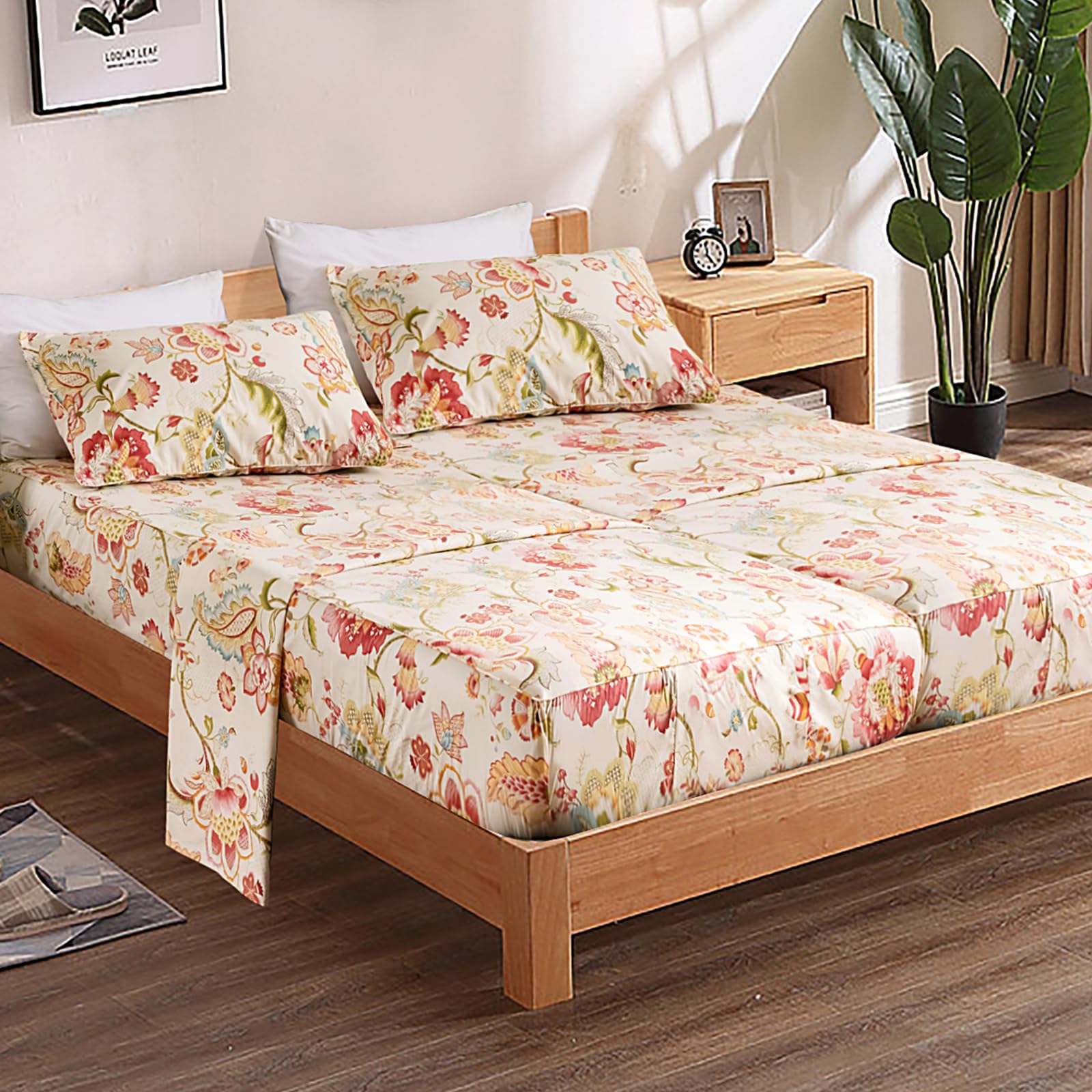 QSH 100% Egyptian Cotton Floral Sheets for Split King Size Bed, Red Yellow Flowers Plant Pattern Botanical Printed Bedding Deep 