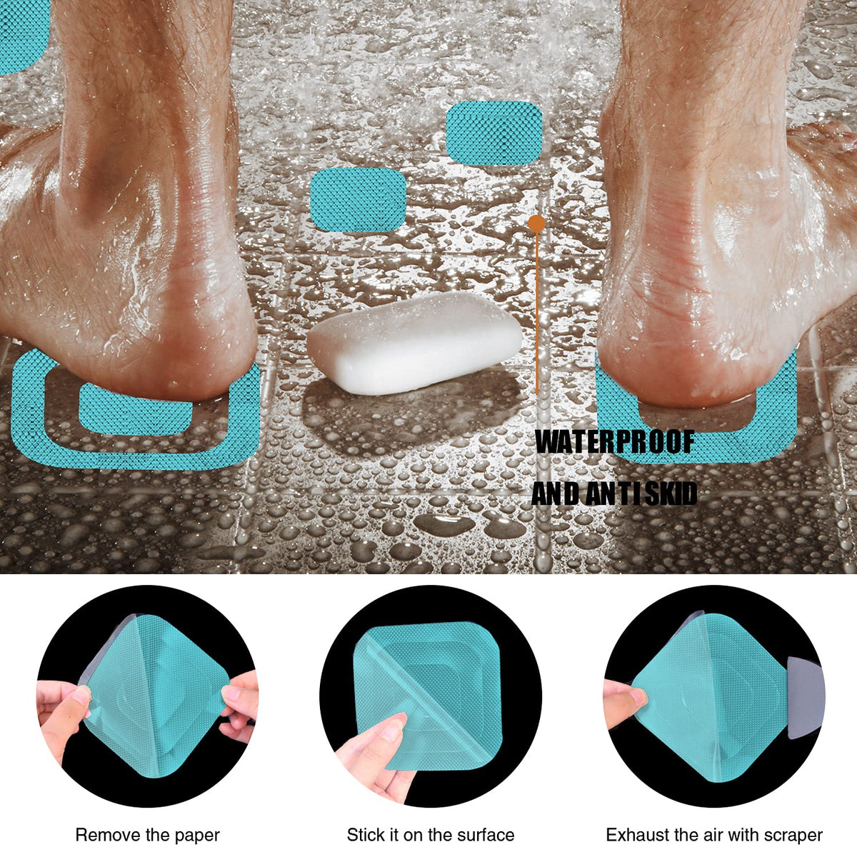 Secopad Non-Slip Bathtub Stickers, 36 Pcs Safety Bathroom Tubs Showers Treads Adhesive Decals Scraper (Blue)