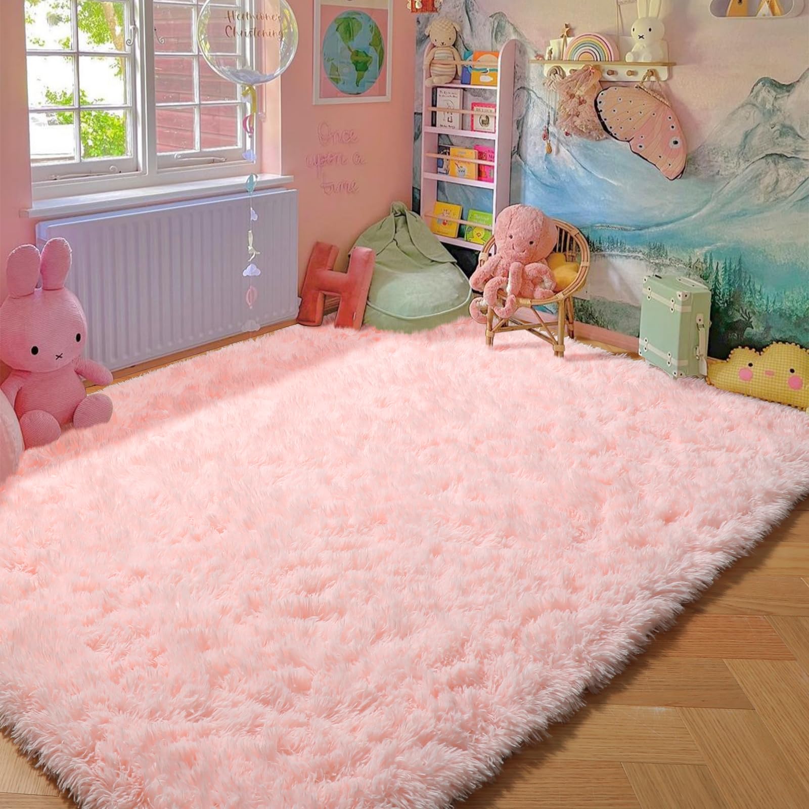 Amdrebio Pink Rugs for Girls Bedroom, Large Fluffy Area Rug 6x9 for Living Room, Cute Room Decor, Furry Shag Carpet for Teens Ro