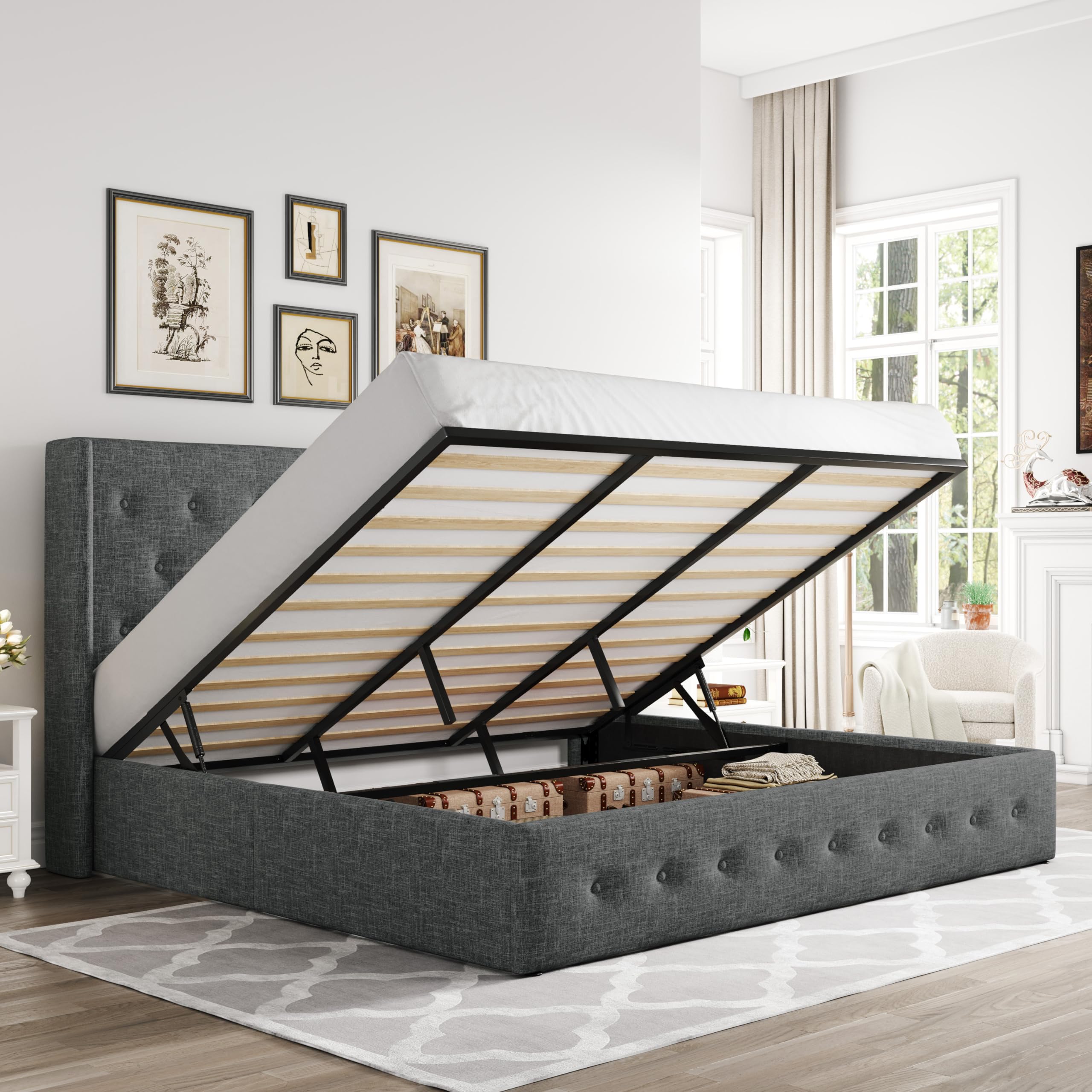 Allewie King Size Lift Up Storage Bed, Button Tufted Headboard With Wingback, Hydraulic Support, No Box Spring Needed, Dark Grey